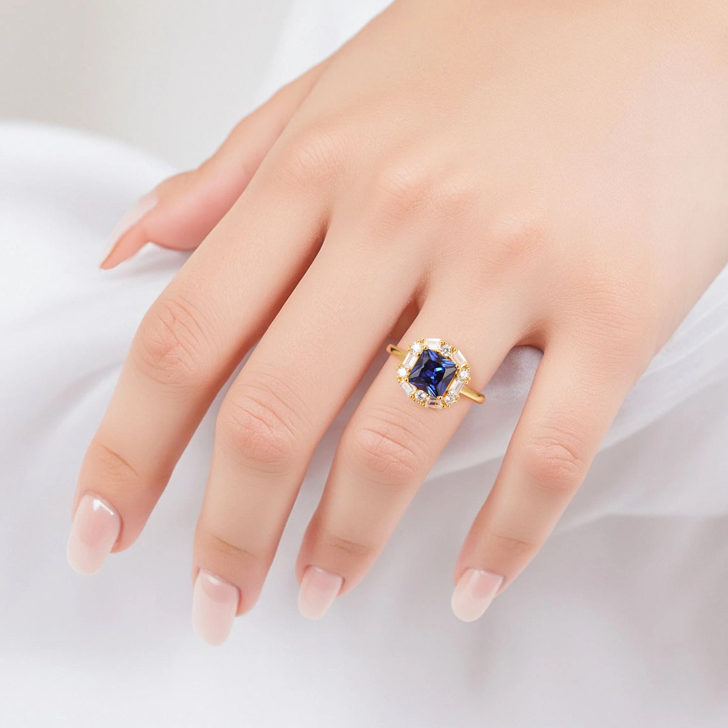 Blue sapphire ring in gold vermeil with CZ accents