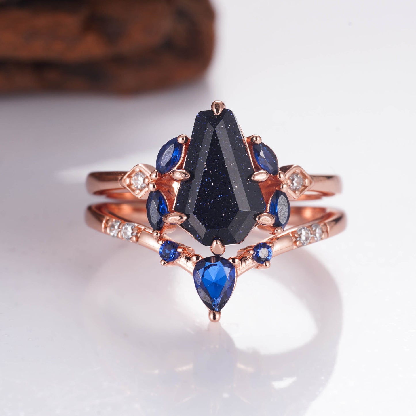 Skye Coffin Cut Blue Sandstone Ring Set Rose Gold