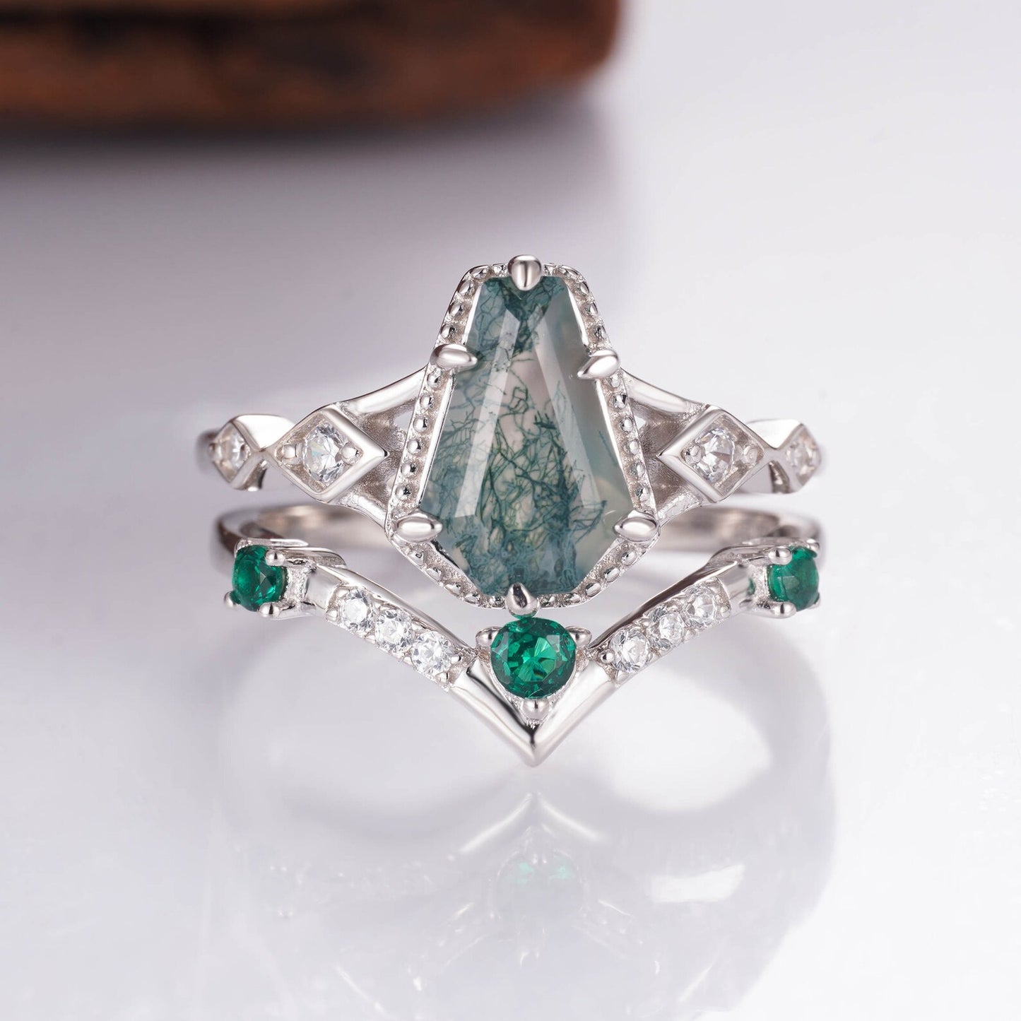 Atra Moss Agate Coffin Cut Ring with Emerald and CZ Crystals