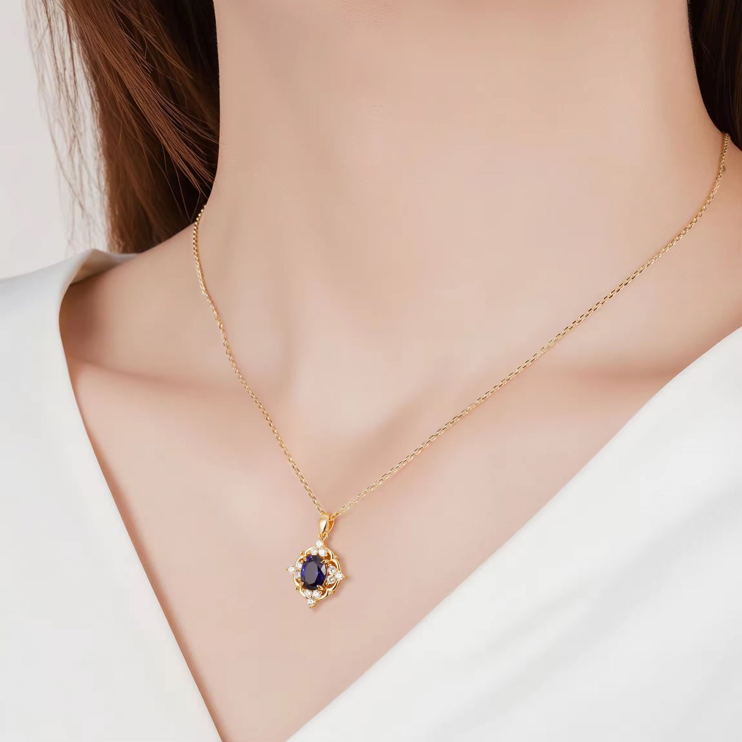 Sapphire necklace with rose gold setting and crystal accents | 14K Gold Vermeil