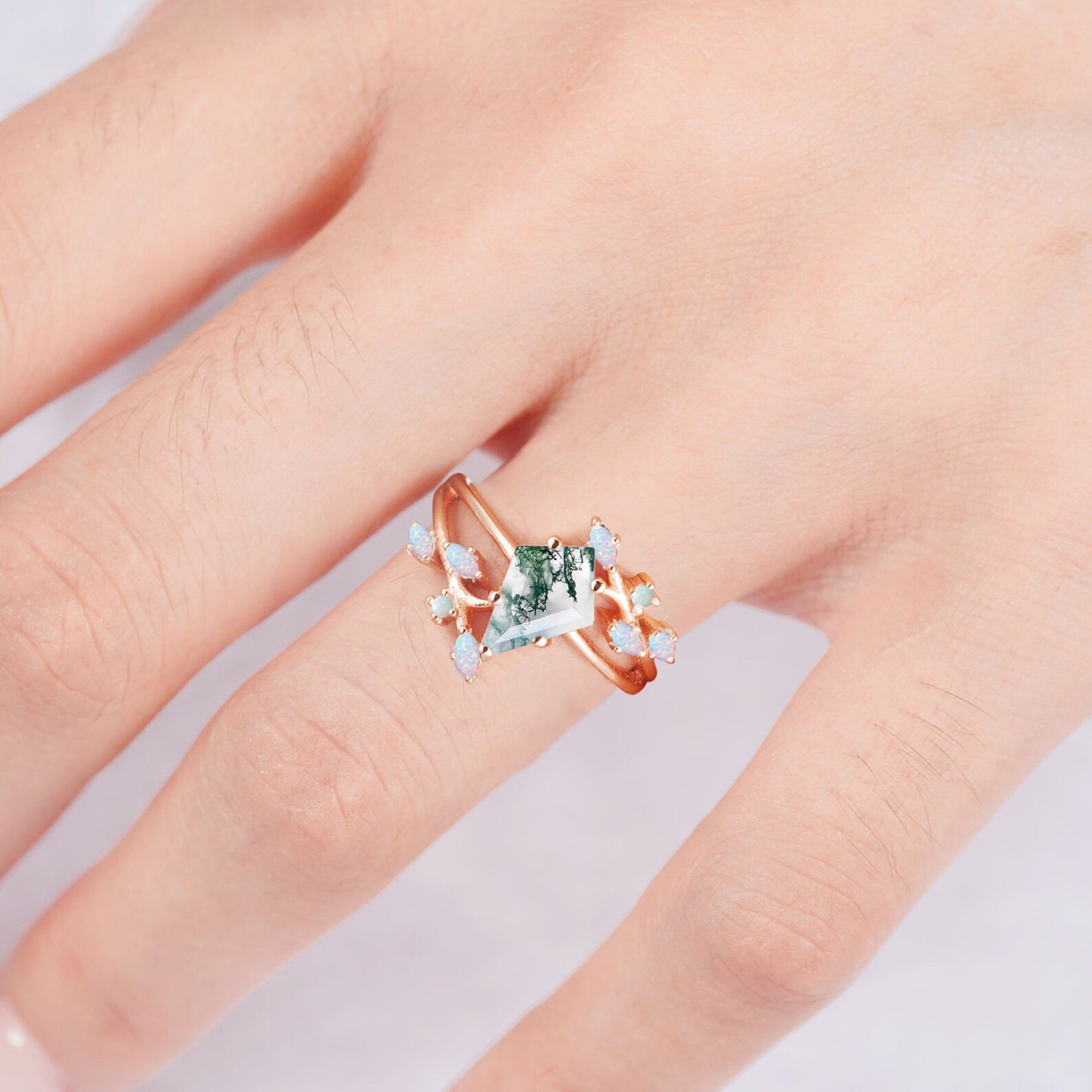 Jeni moss agate and opal gemstone ring in elegant design