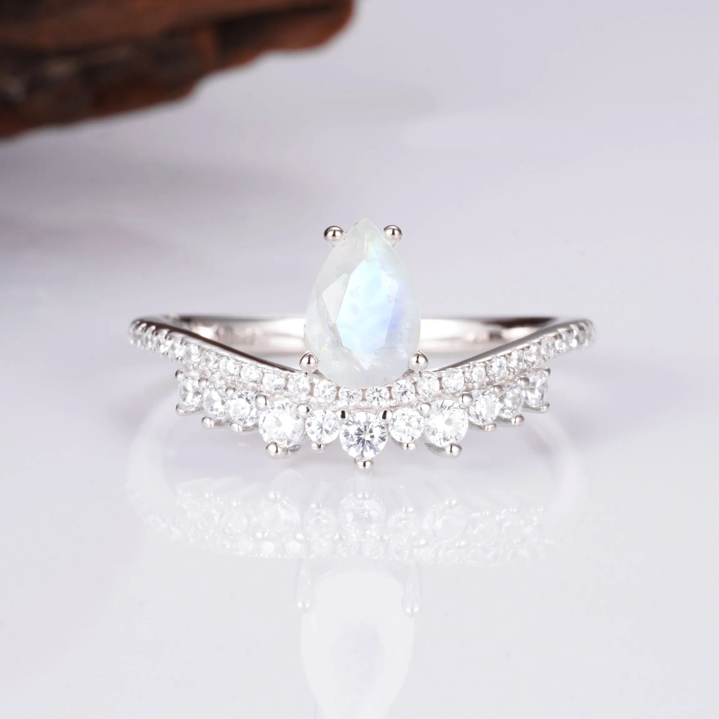 Gold moonstone ring with crystals and sterling silver