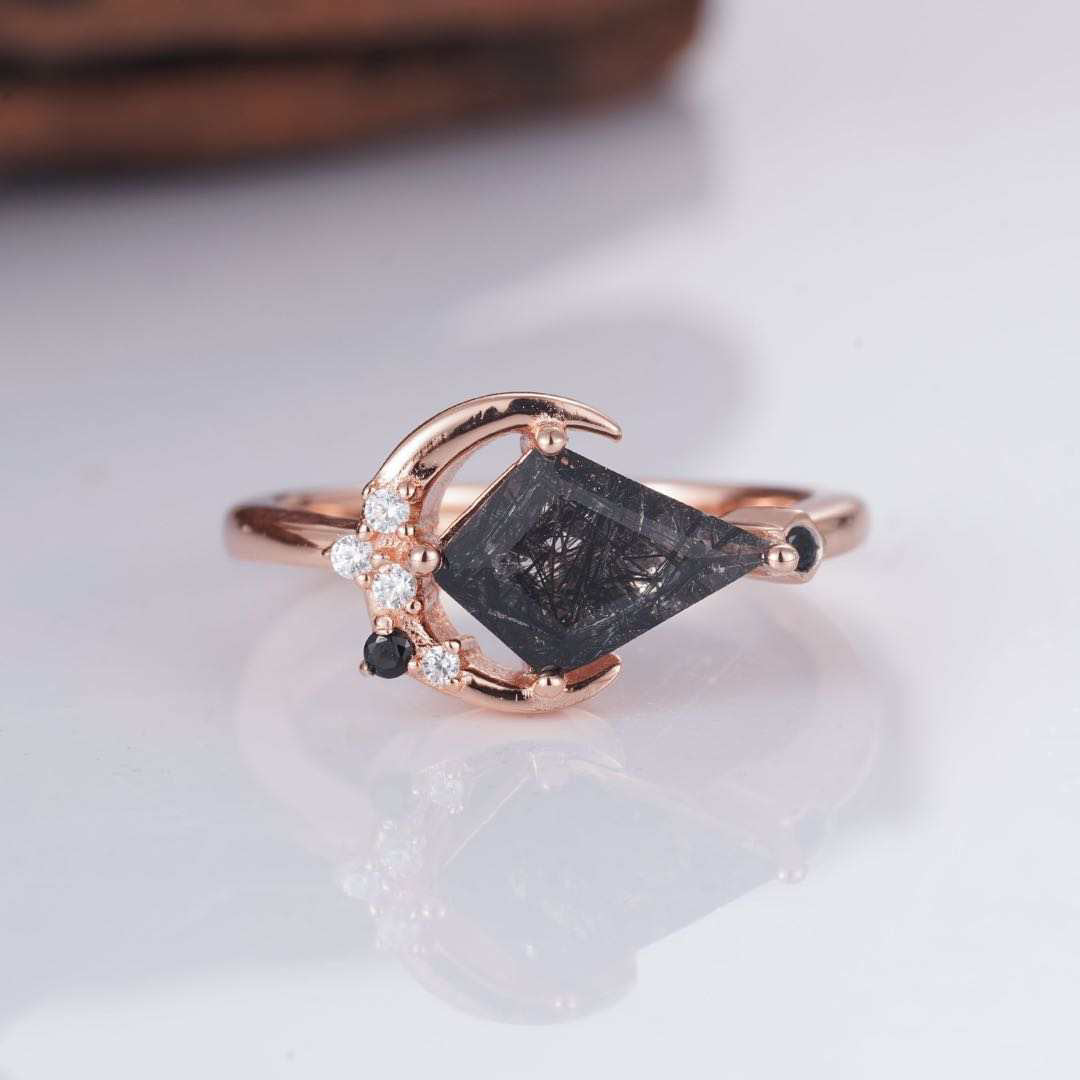 Black Rutilated Quartz Ring with Kite-Cut Gemstone