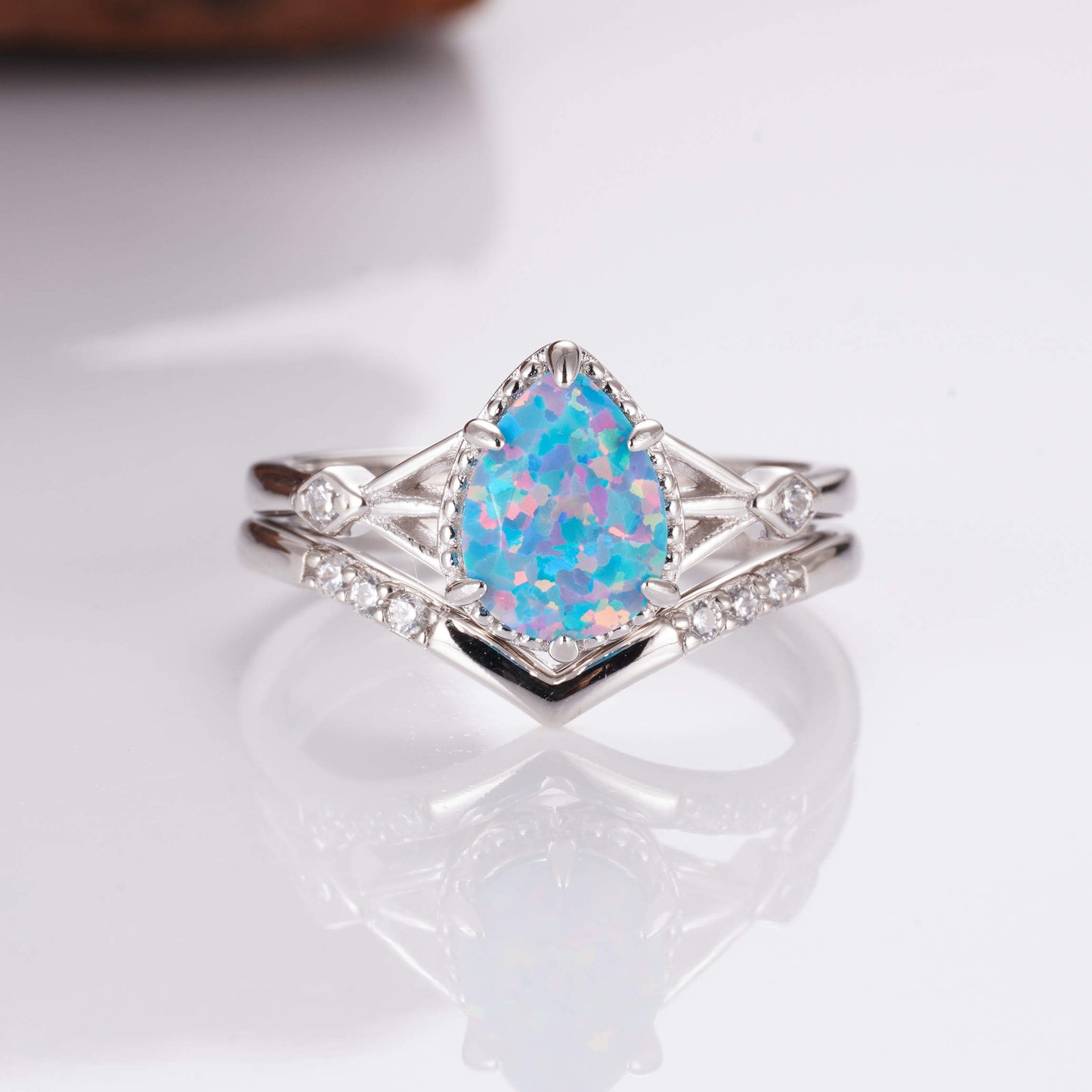 Blue Fire Opal Ring Set with sterling silver band