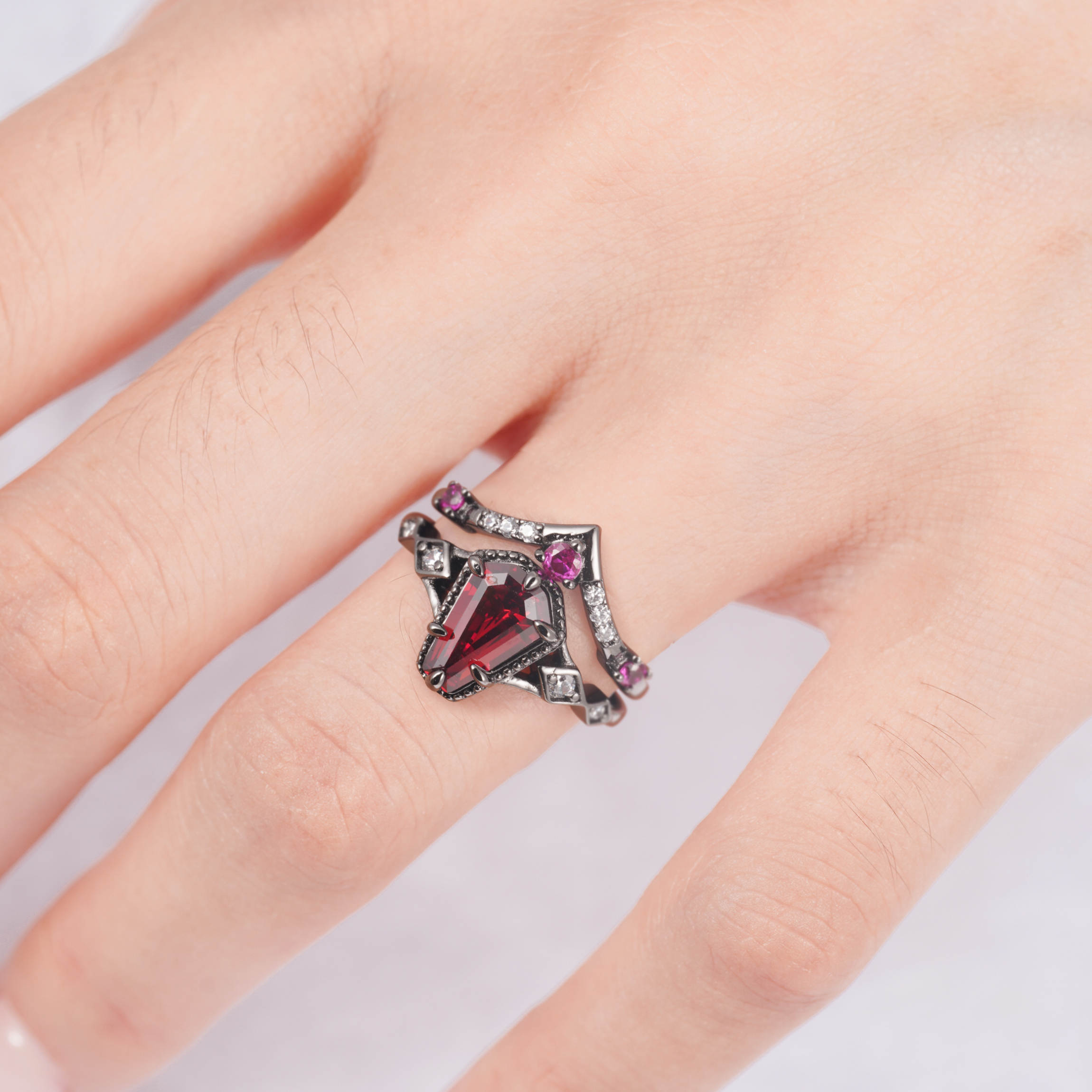 Atra Pink Sapphire and Garnet Ring Set in Black Gold Vermeil