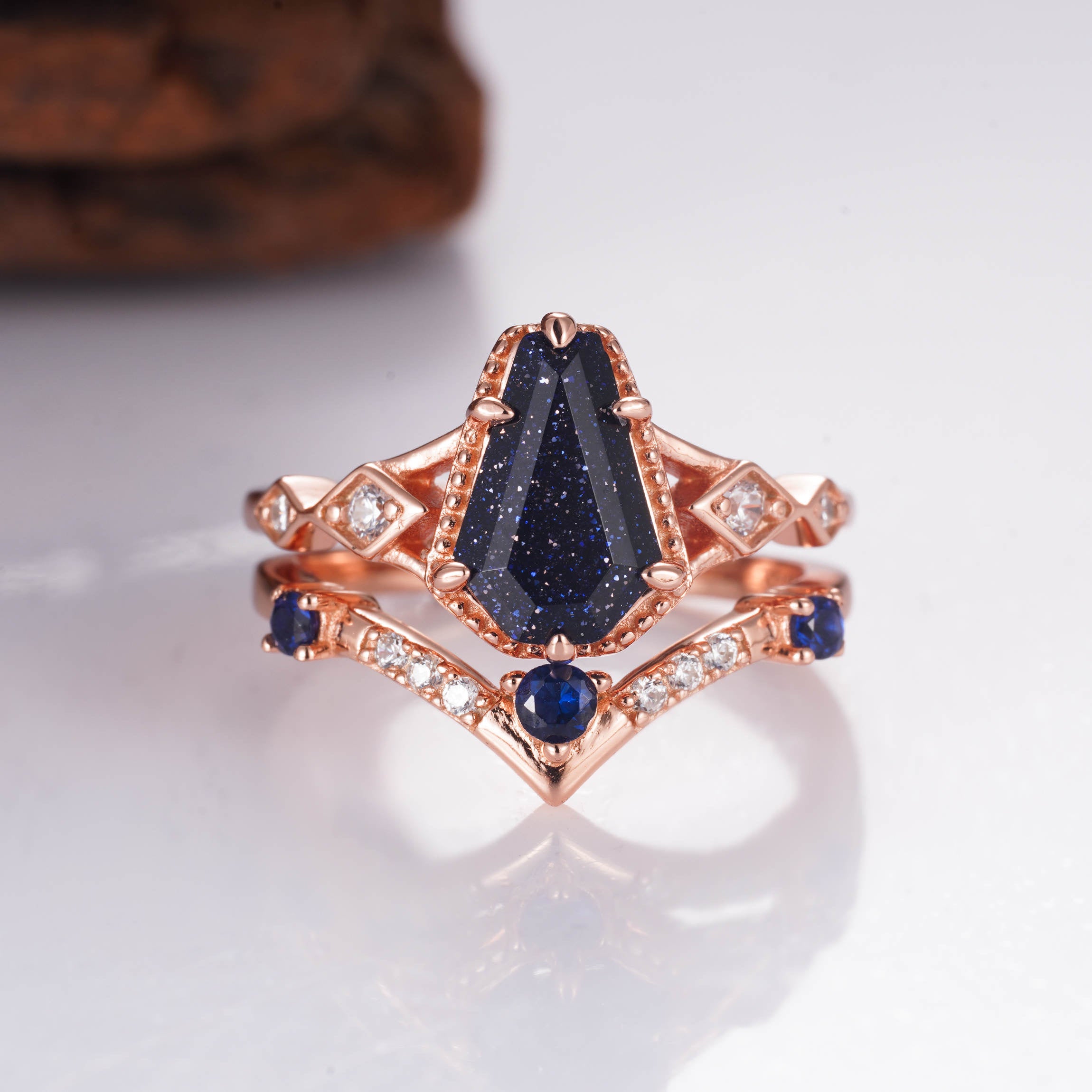 Atra Coffin Cut Blue Sandstone Ring Set Rose Gold