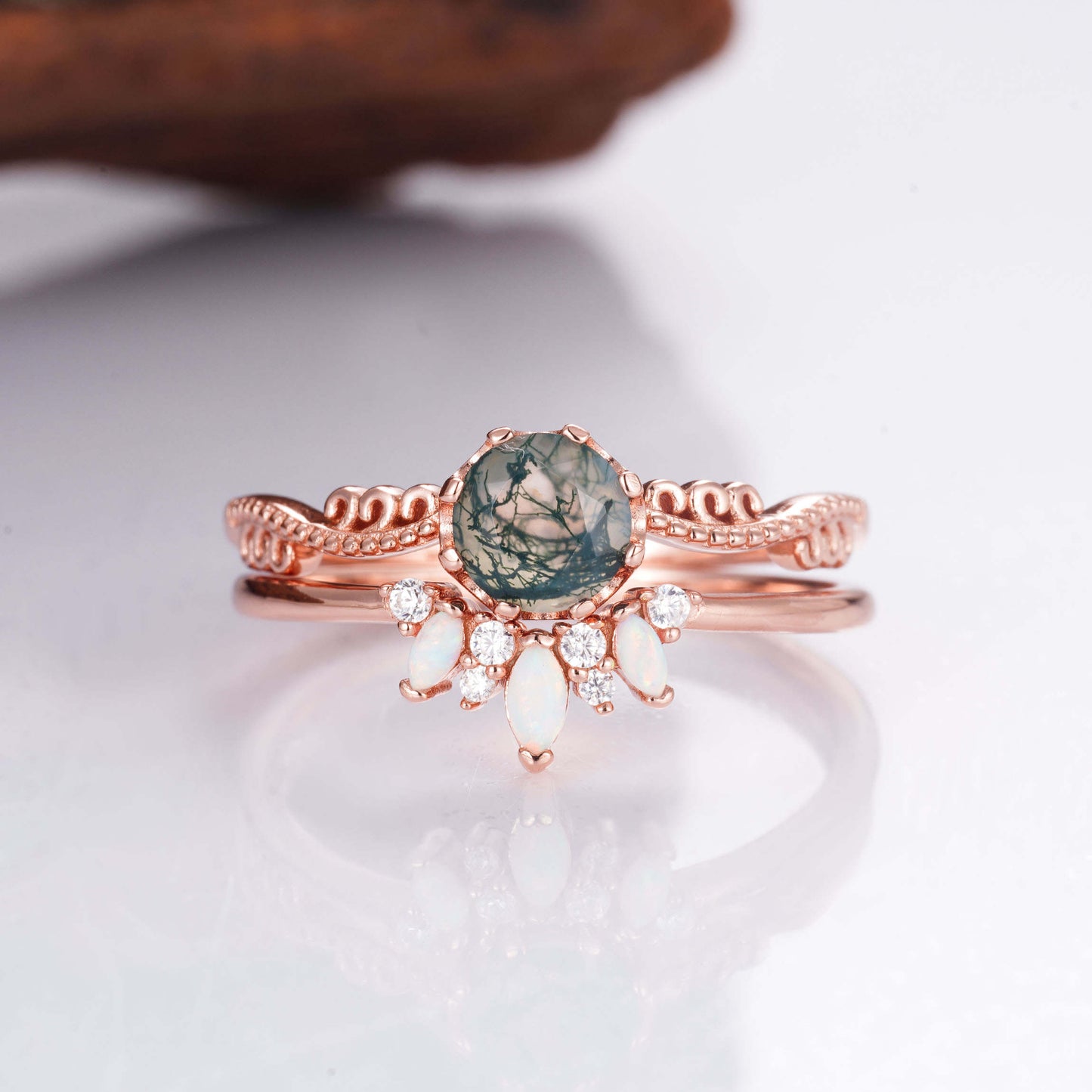 Morgana Moss Agate Quartz and Opal Ring Set Rose Gold