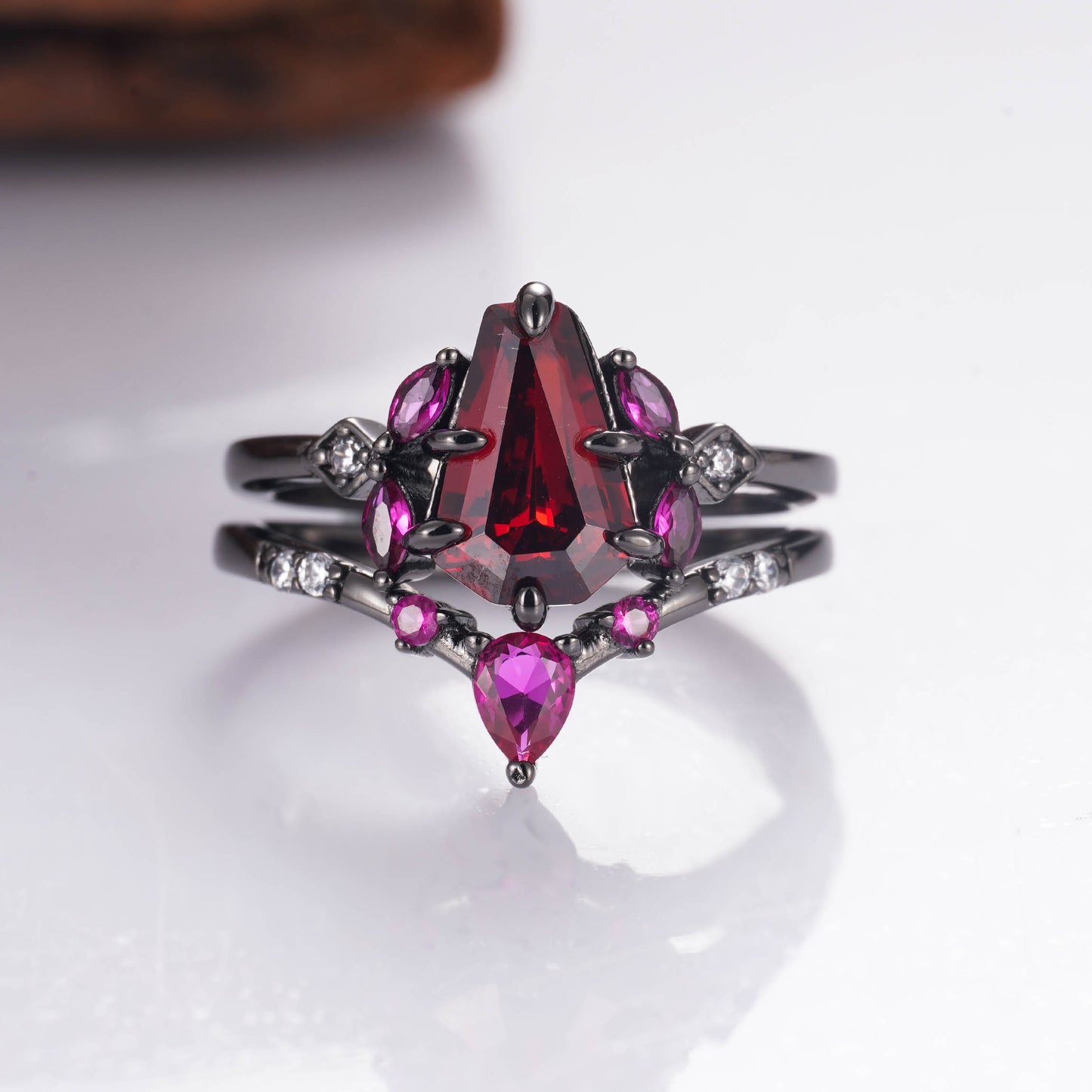 Coffin cut garnet and pink sapphire ring in gold vermeil