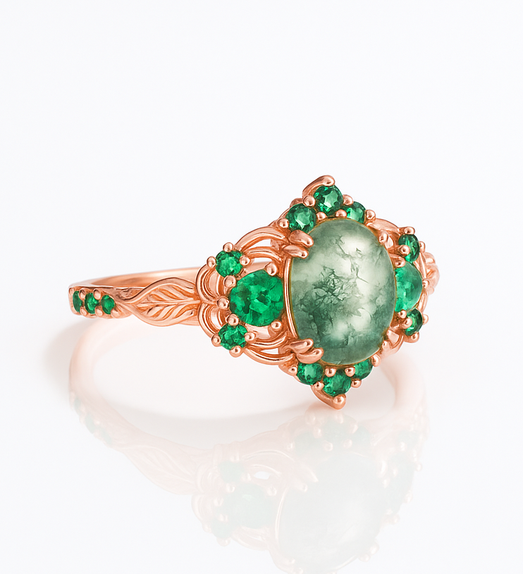 Lilly Moss Agate and Emerald Ring