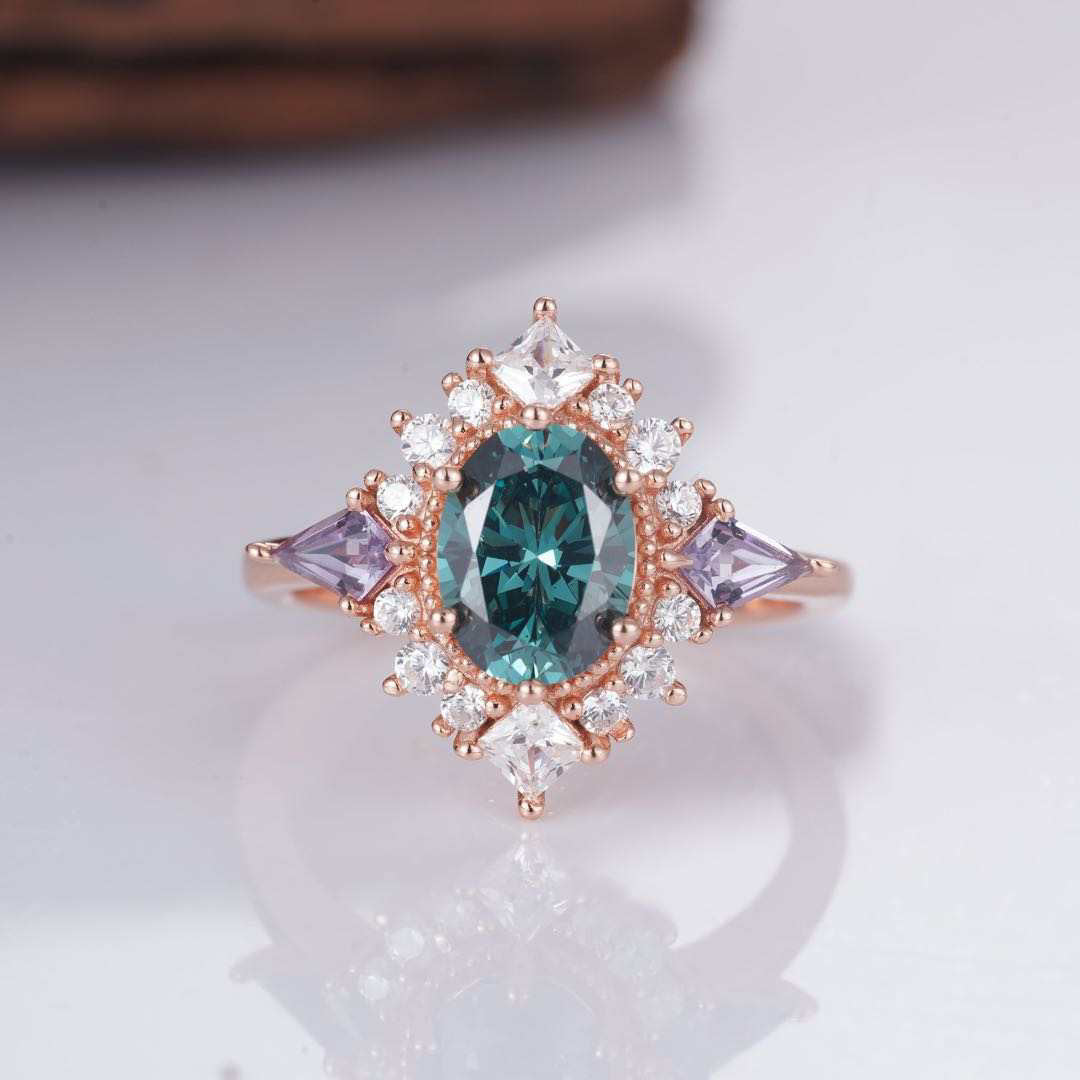 Rose gold sapphire ring with teal sapphire and amethyst