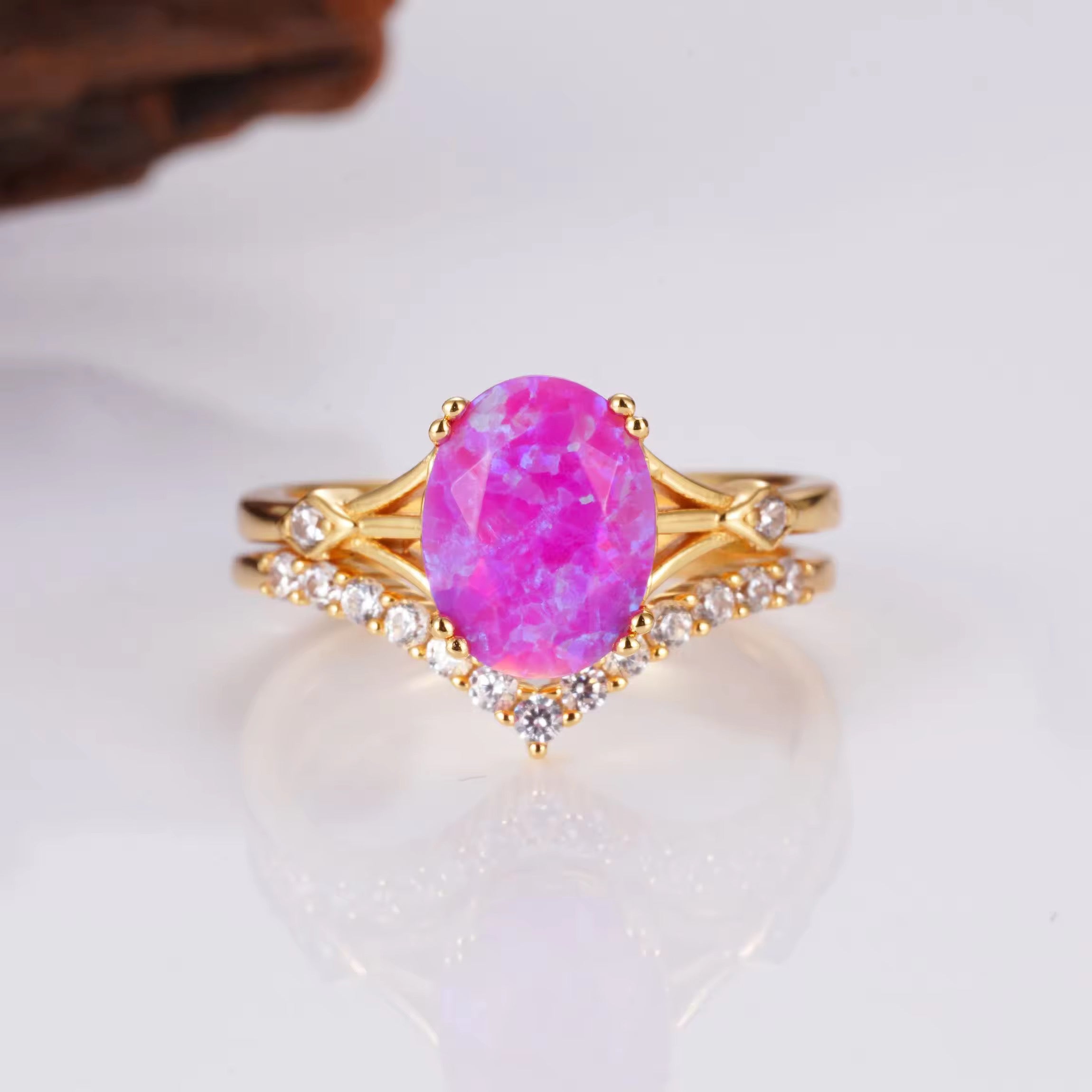 Pink opal ring with gold vermeil band and crystal accents