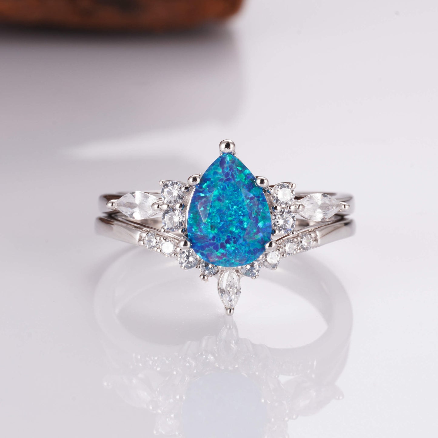 Teal fire opal ring with sterling silver band and crystals