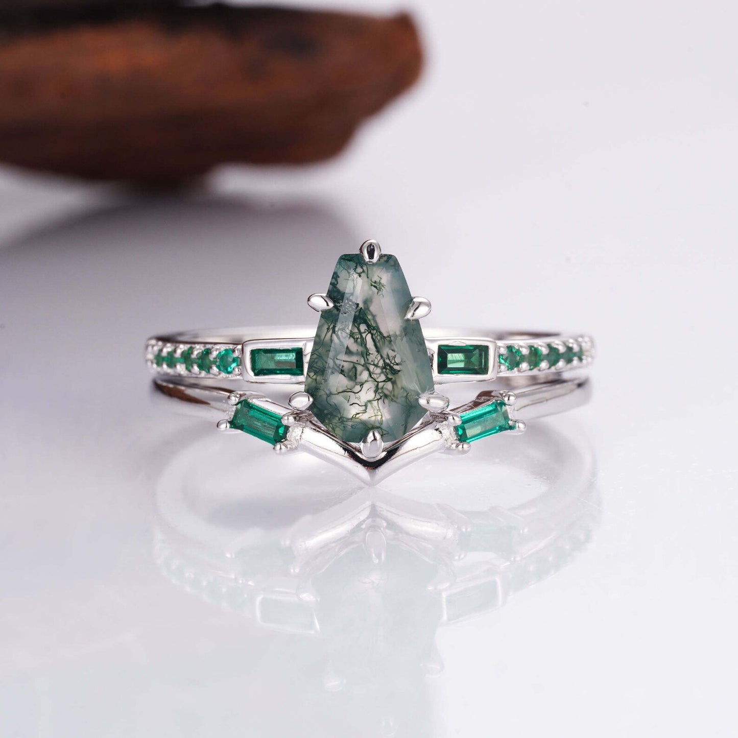 Amy Moss Agate Ring Set with Emeralds in Sterling Silver