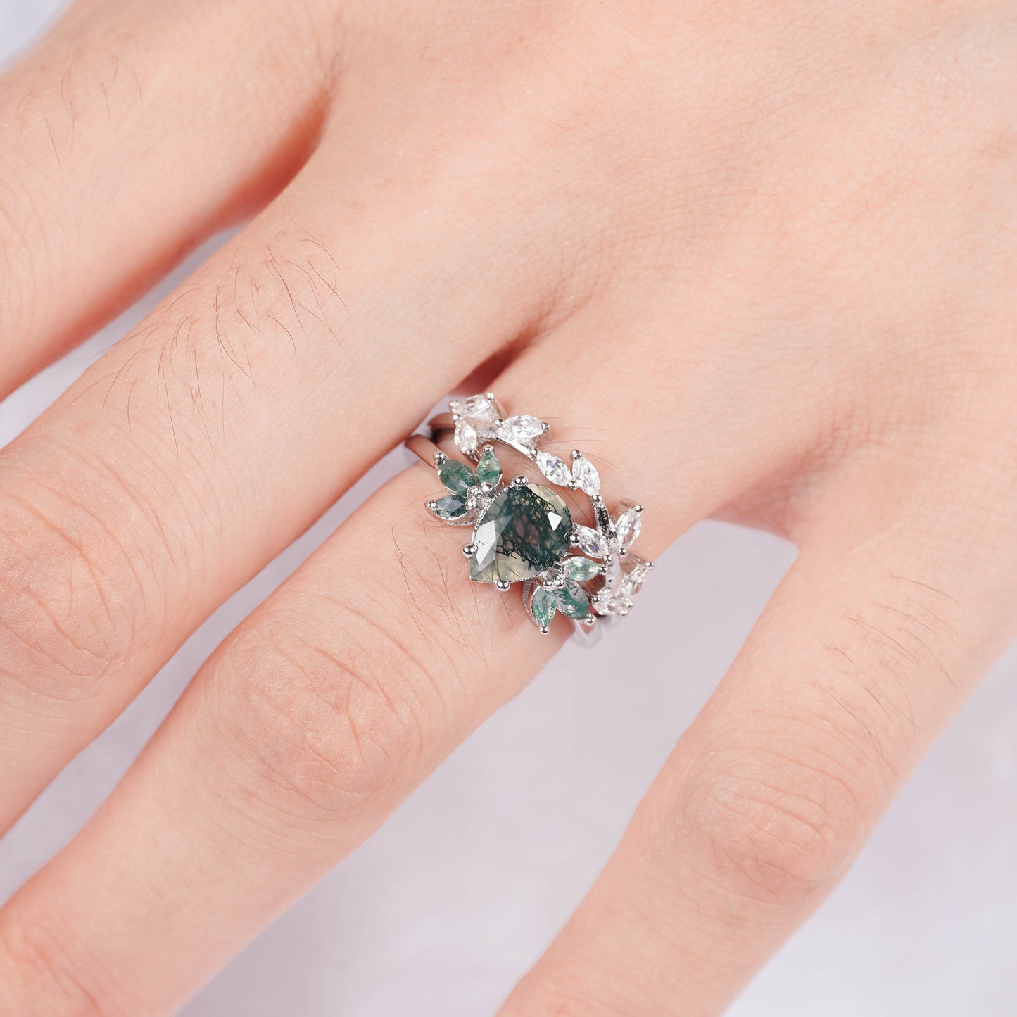 Ivy Moss Agate Quartz Leaf Ring Set Sterling Silver