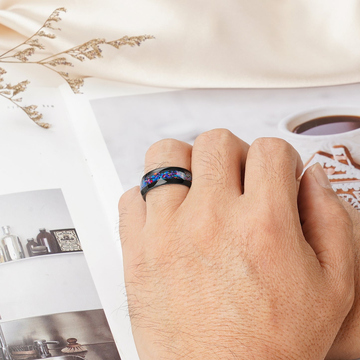 Tungsten carbide opal ring with cosmic gemstone design