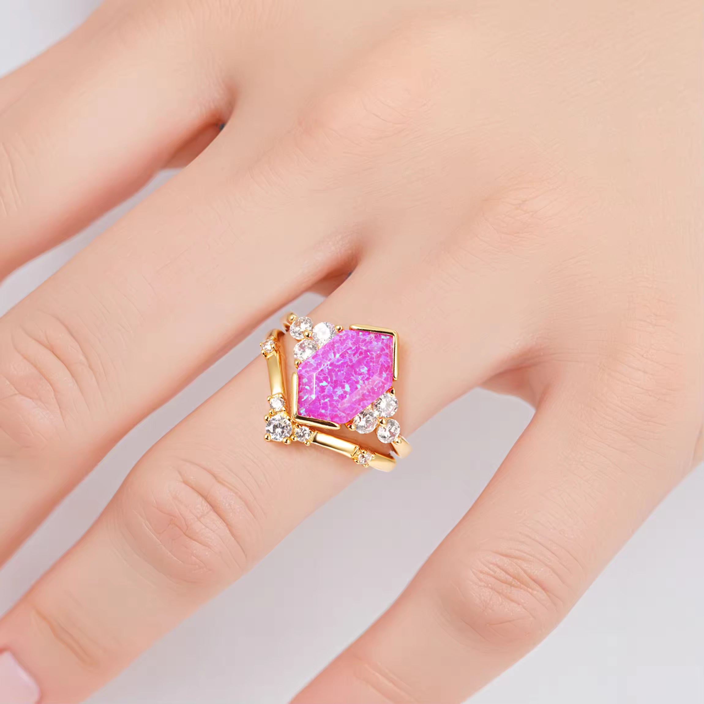Gold opal ring with pink opal stone and gold vermeil band