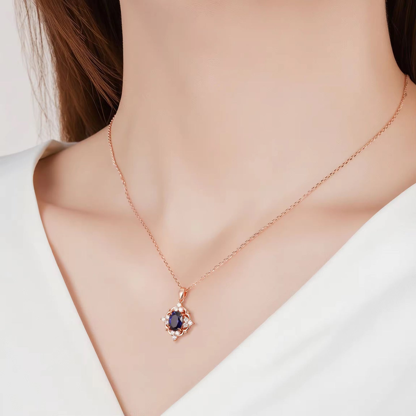 Sapphire necklace with rose gold setting and crystal accents | 14K Rose Gold Vermeil