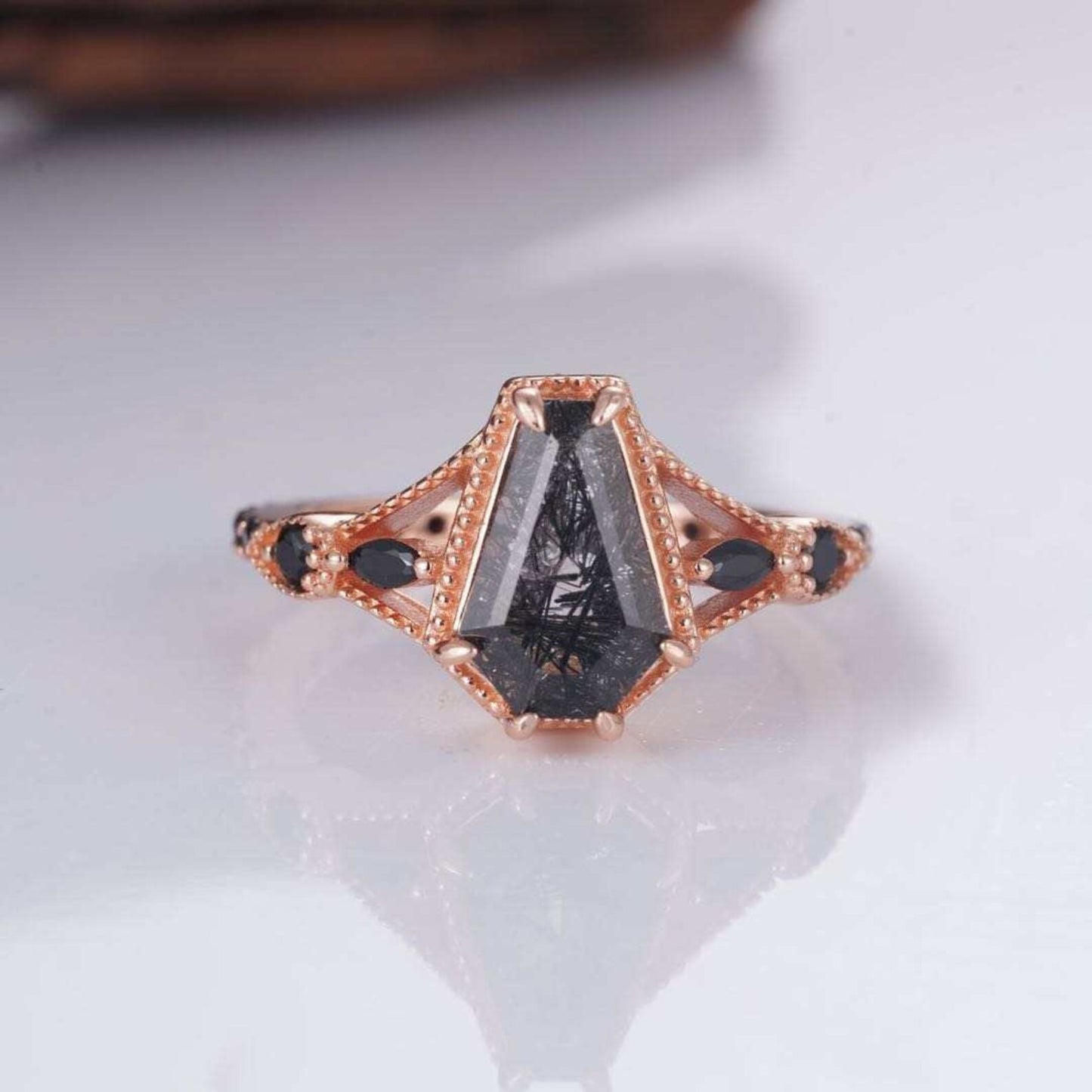 Carmen Coffin Cut Black Rutilated Quartz Ring