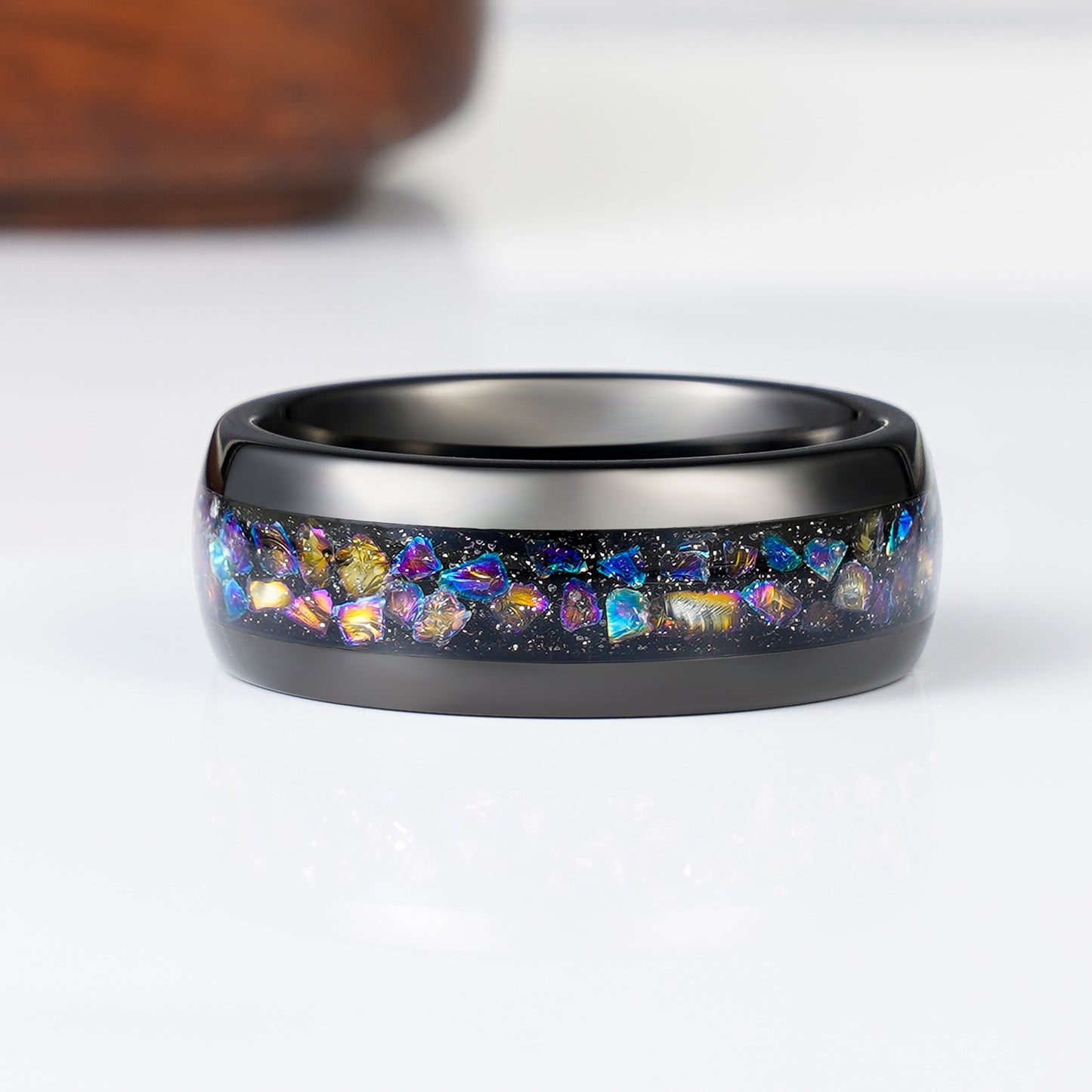 Nebula tungsten ring with black opal inlay