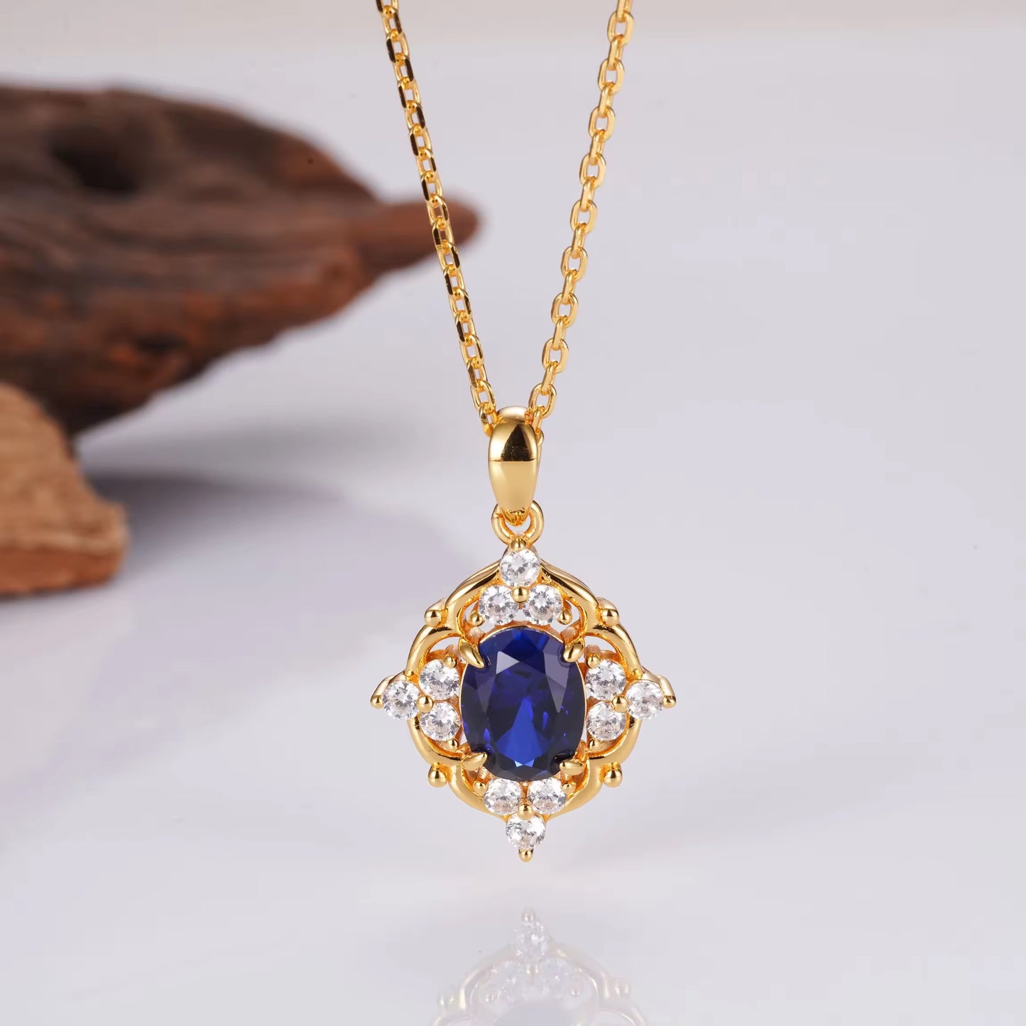 Sapphire necklace with rose gold setting and crystal accents | 14K Gold Vermeil
