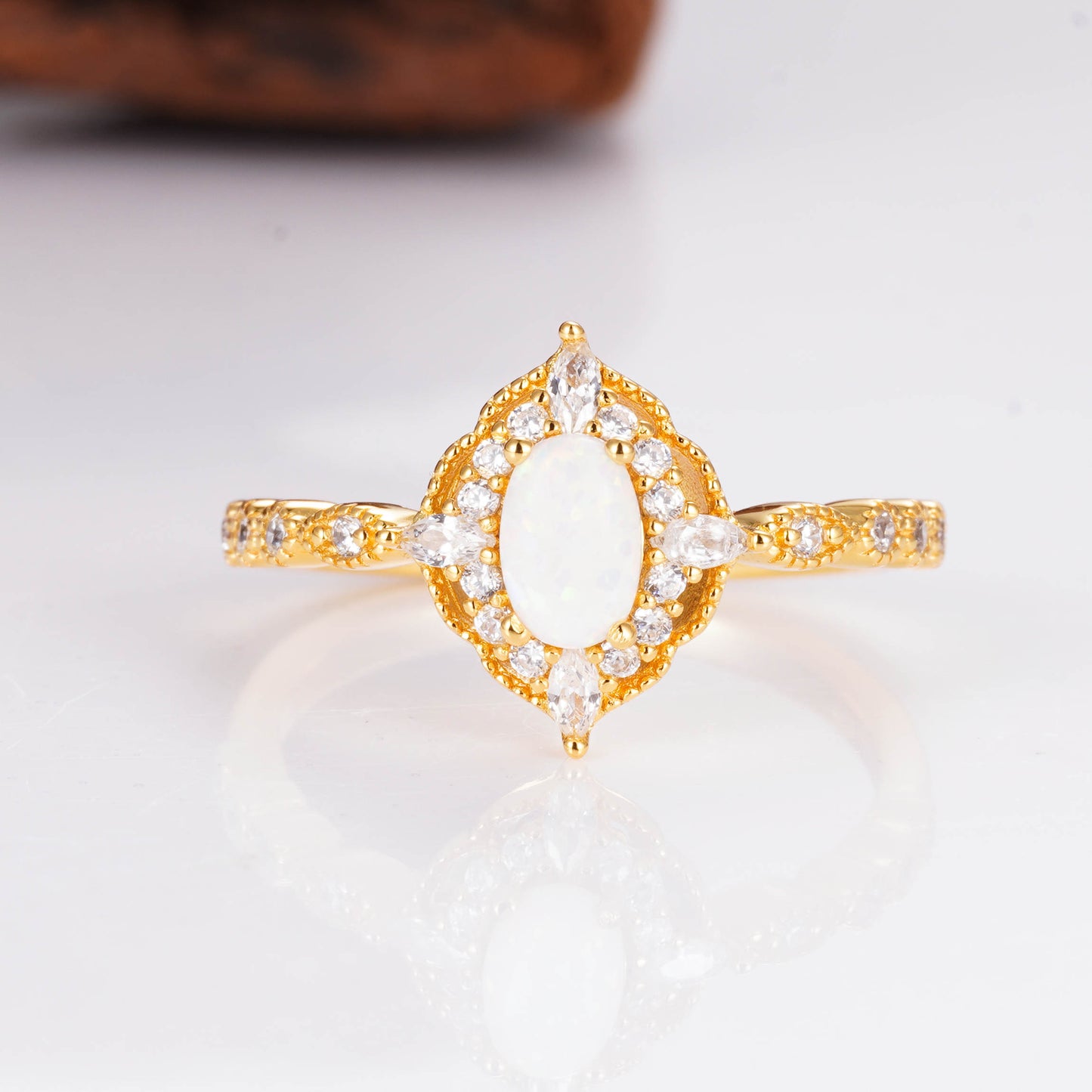 Gold Opal Ring with Natural Opal Gemstone in Elegant Setting