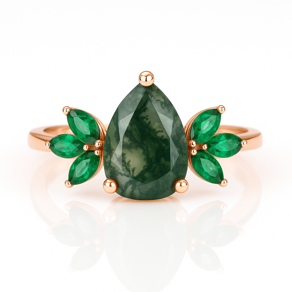 Ivy Moss Agate and Emerald Ring Rose Gold