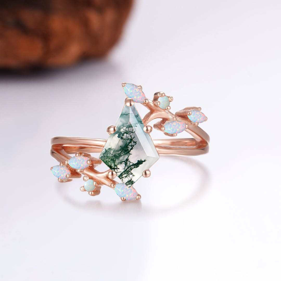 Jeni moss agate and opal gemstone ring in elegant design