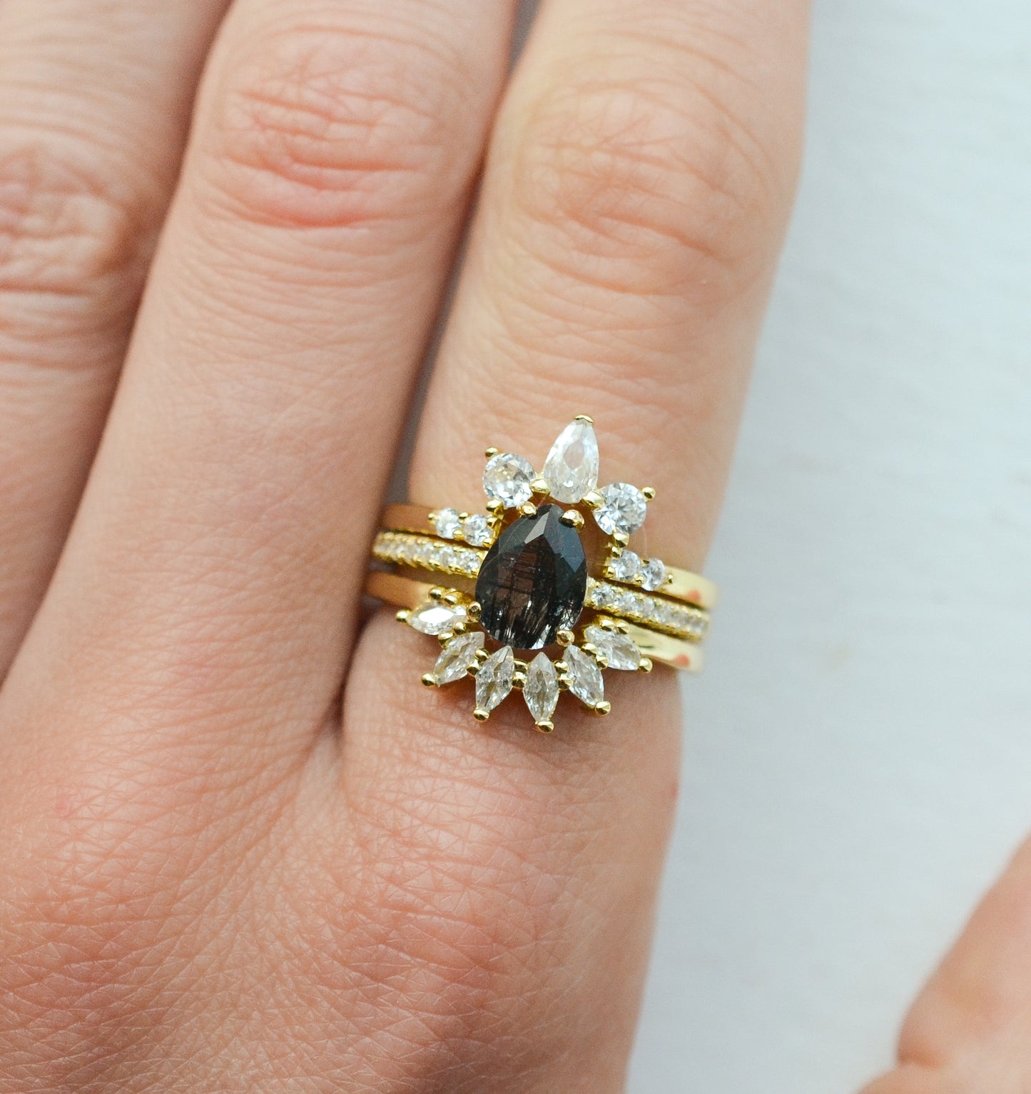 Kane Black Rutilated Quartz Ring Set Gold
