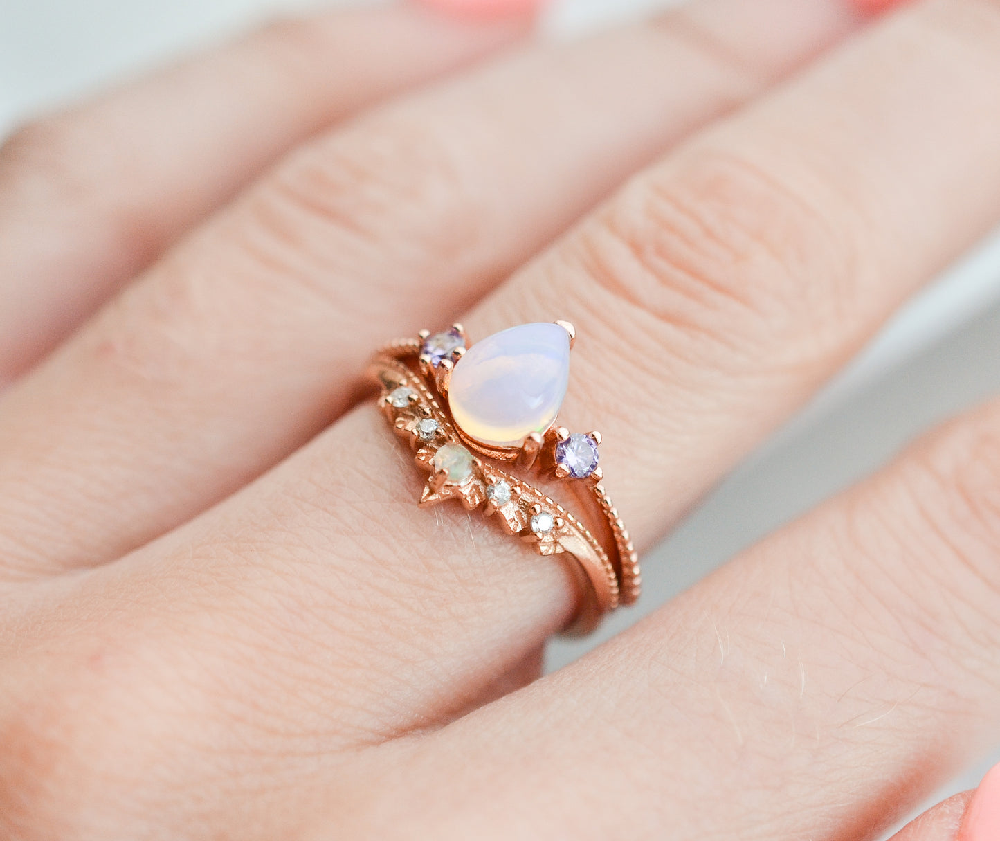 April Natural Opal and Amethyst Ring Set Rose Gold