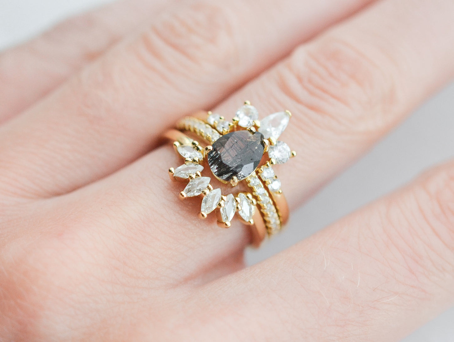 Kane Black Rutilated Quartz Ring Set Rose Gold