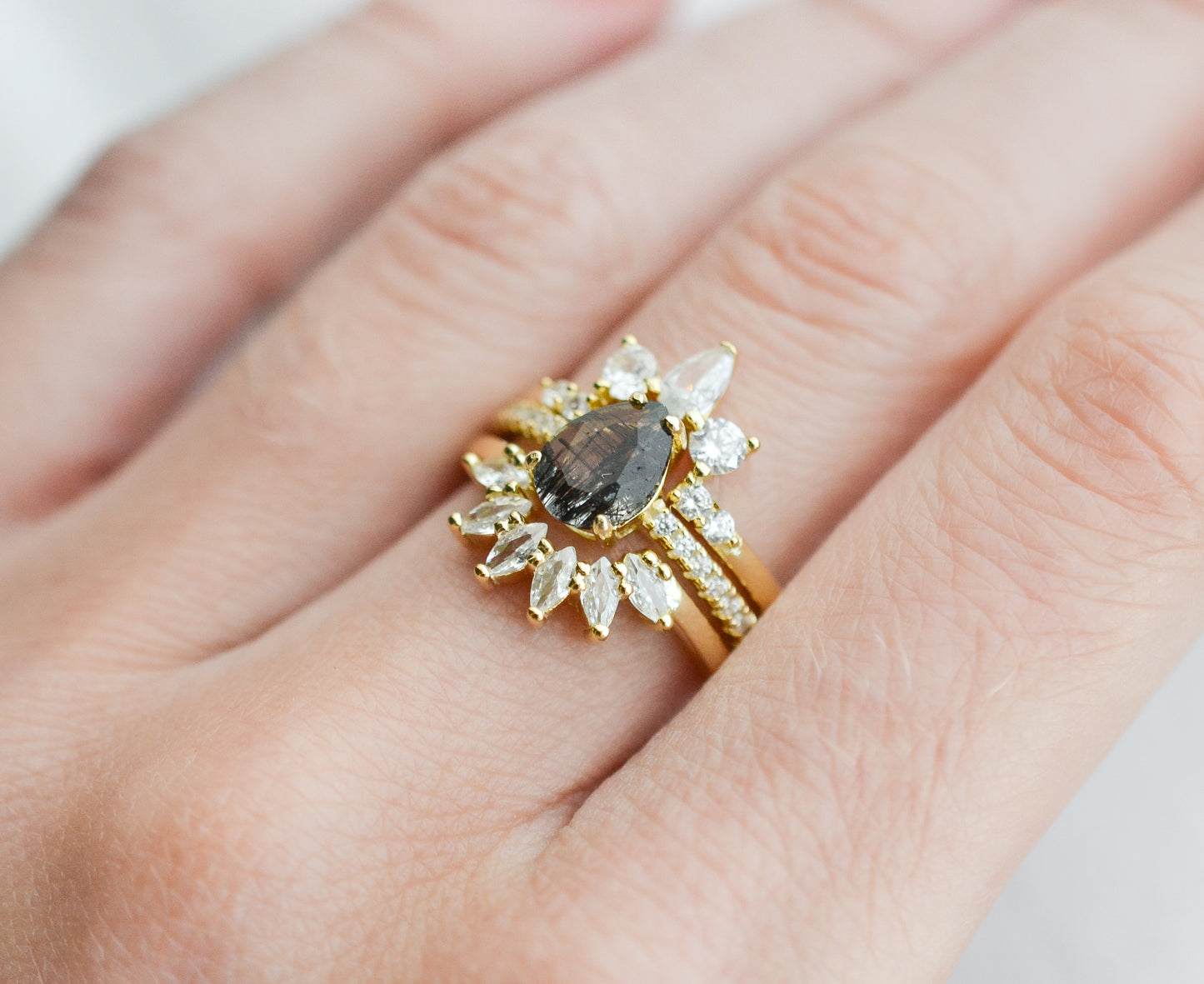 Kane Black Rutilated Quartz Ring Set Gold