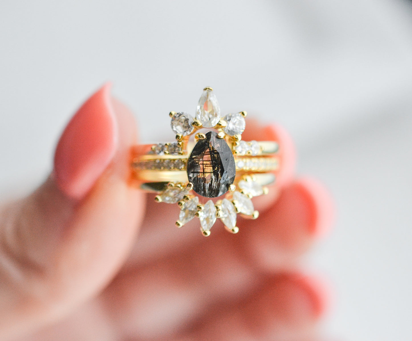 Kane Black Rutilated Quartz Ring Set Gold