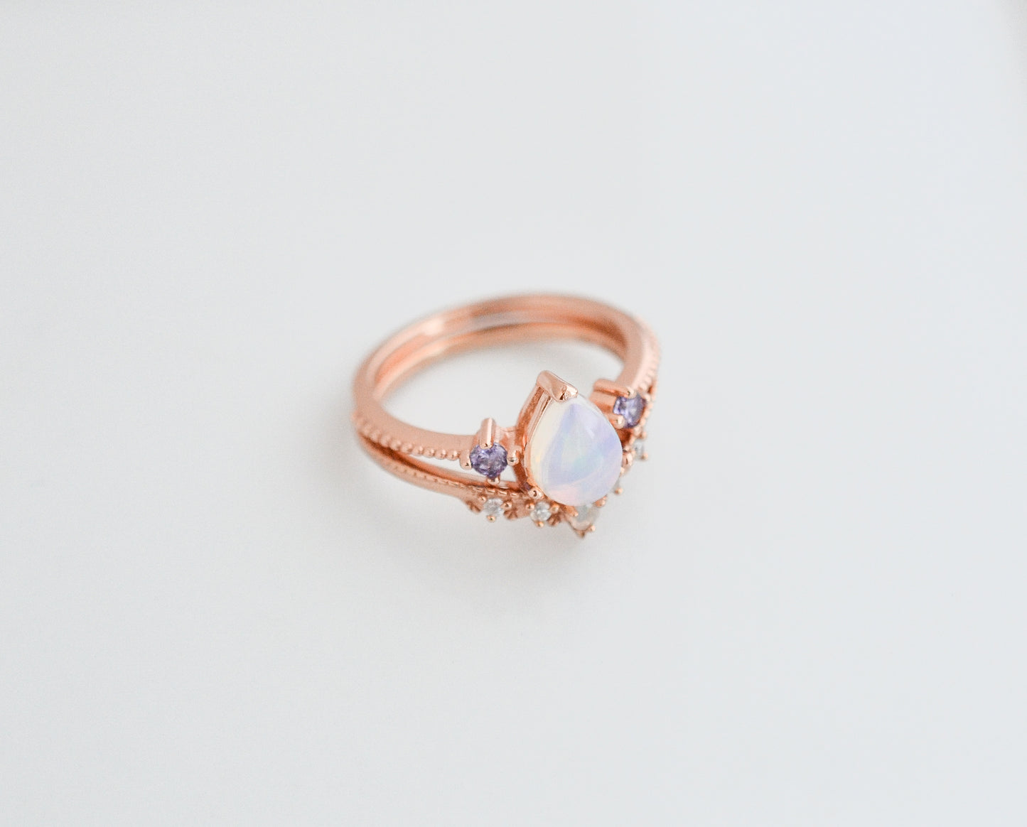 April Natural Opal and Amethyst Ring Set Rose Gold