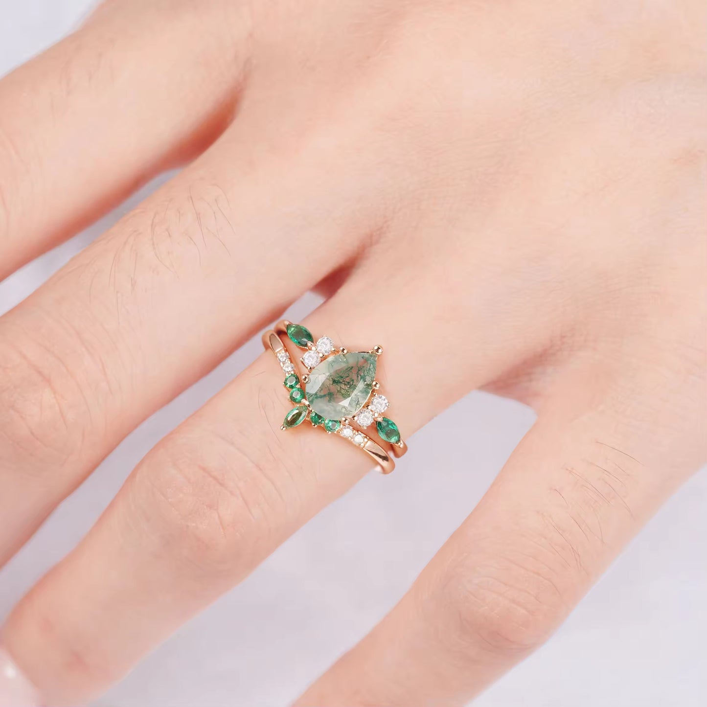 Erin Moss Agate and Emerald Ring Set