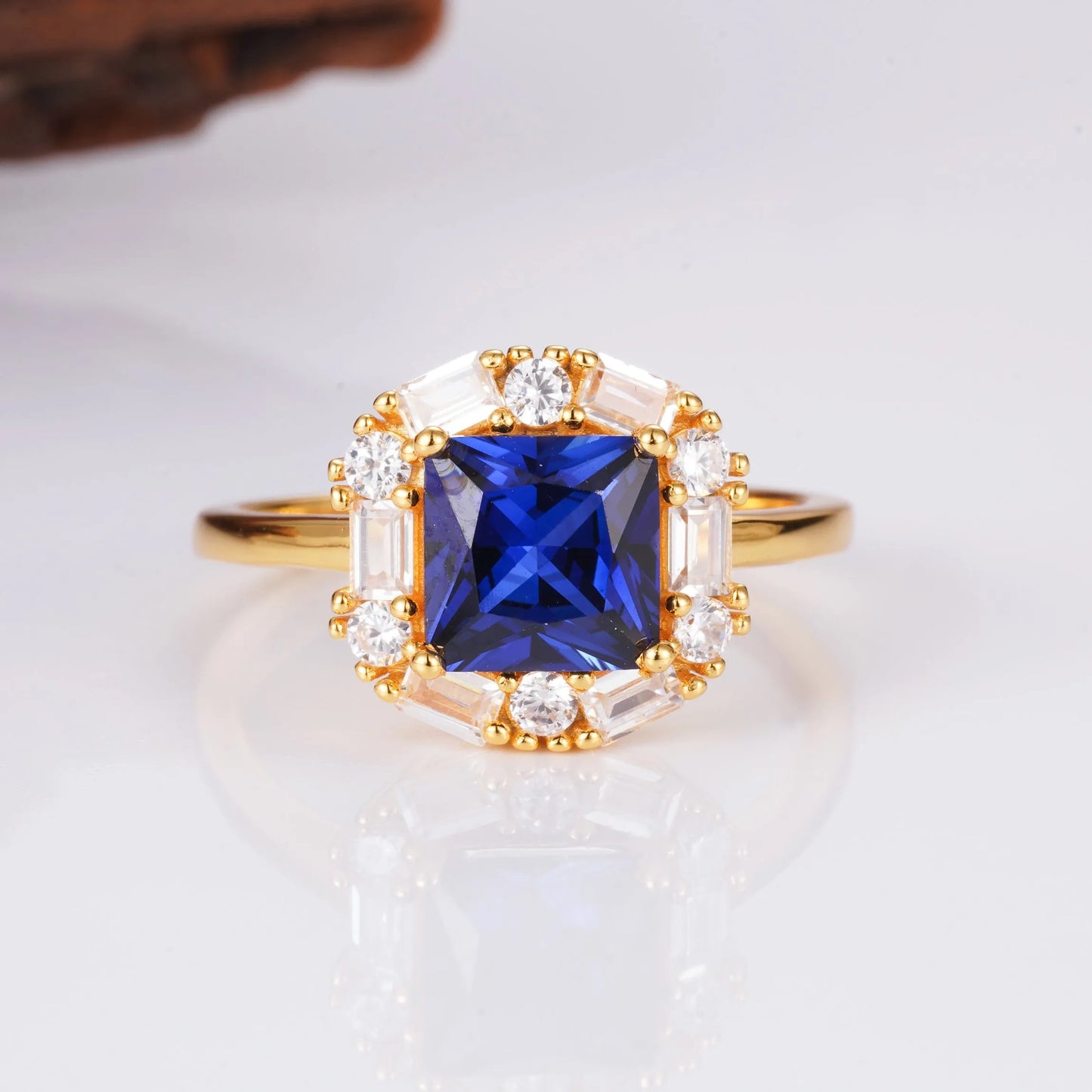 Blue sapphire ring in gold vermeil with CZ accents