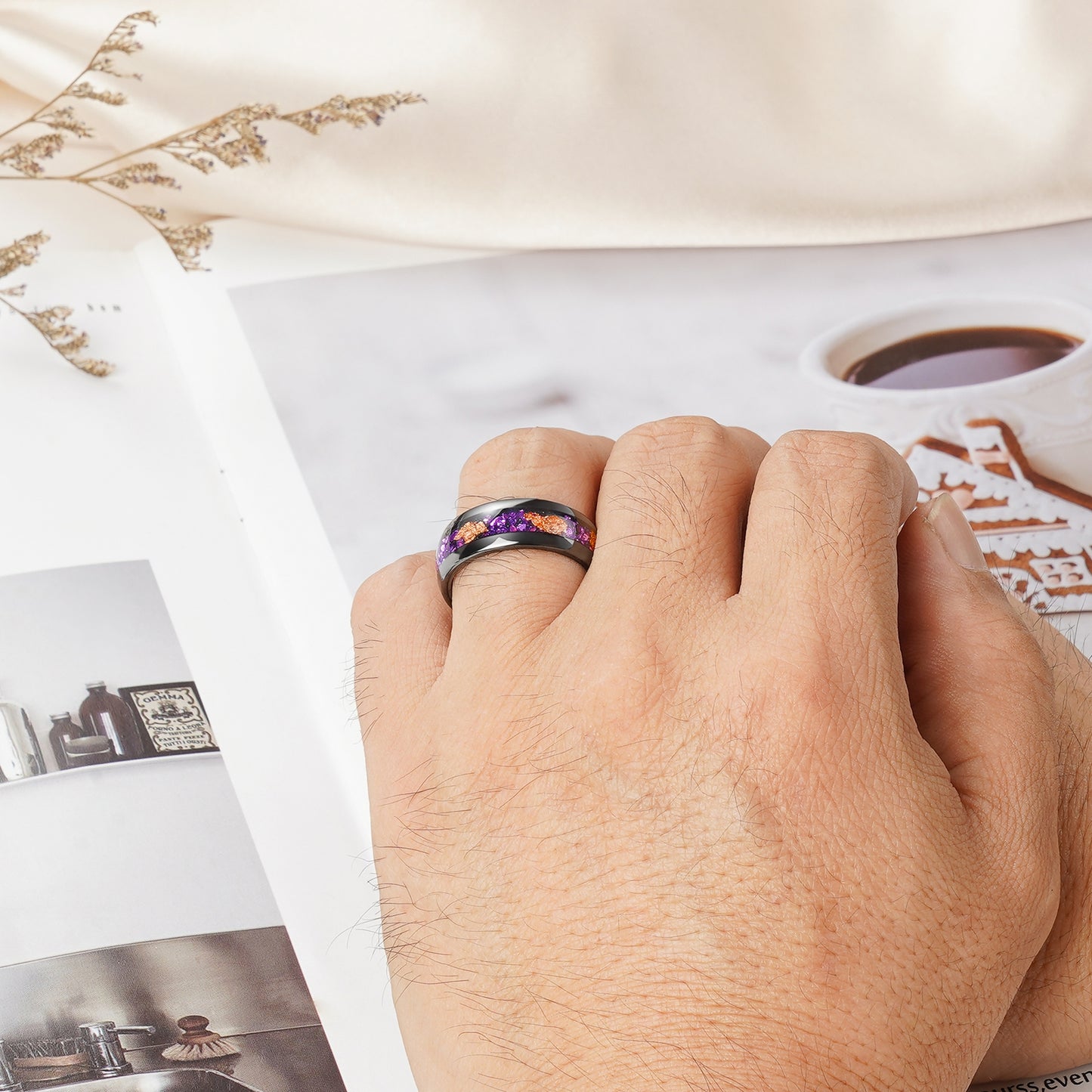 Amethyst ring with 14K gold leaf and black tungsten