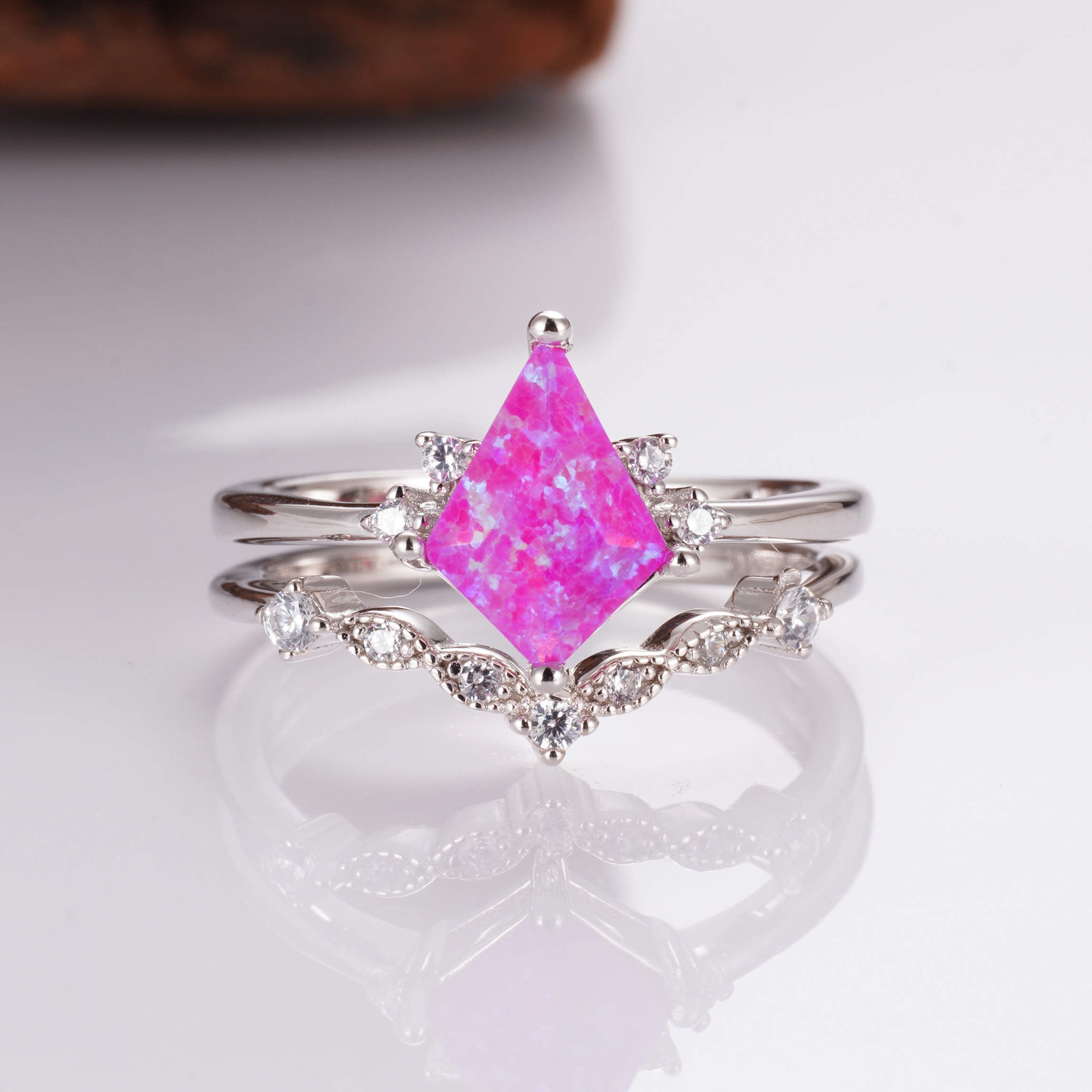 Pink opal ring with sterling silver band and crystal accents