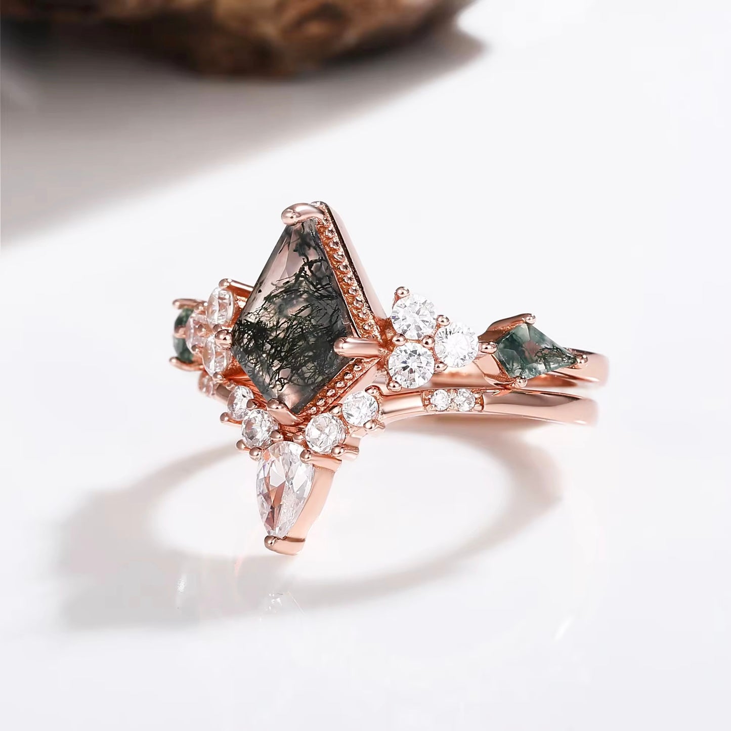Kya Moss Agate Quartz Ring Set Rose Gold