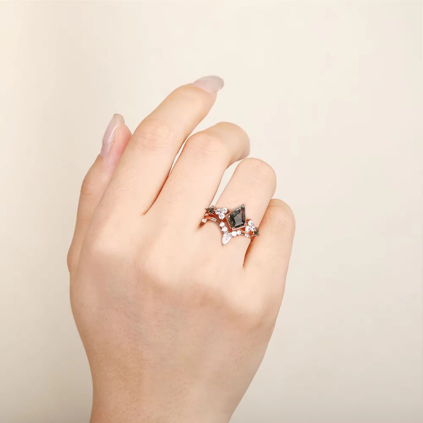 Kya Moss Agate Quartz Ring Set Rose Gold