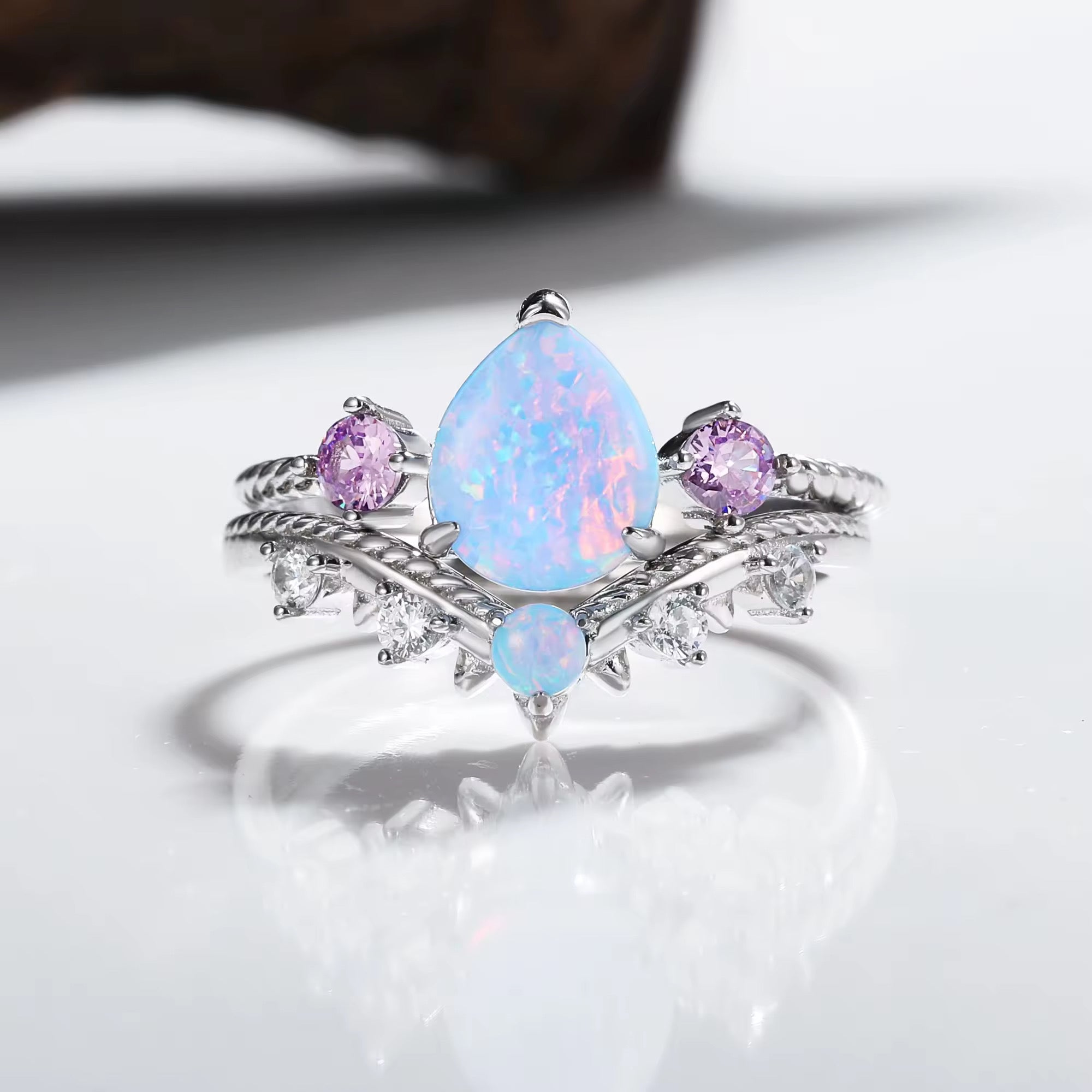 April Natural Opal and Amethyst Ring Set Sterling Silver