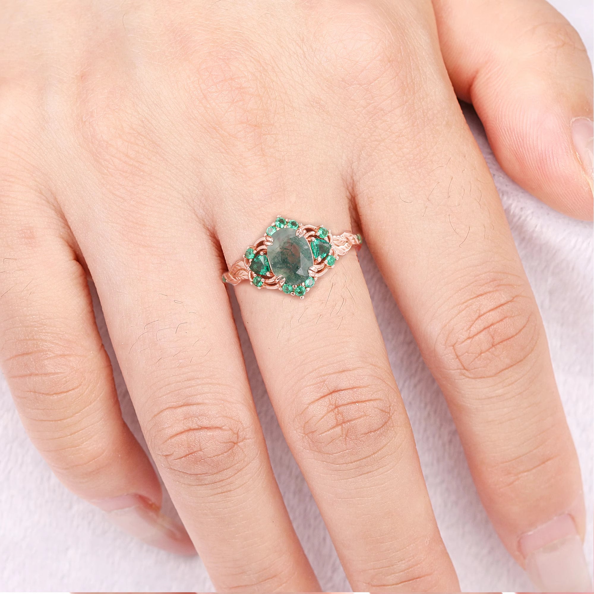 Lilly Moss Agate and Emerald Ring