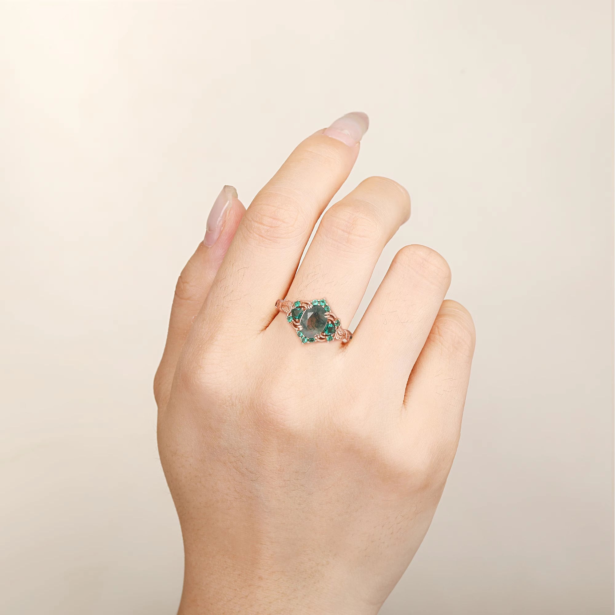 Lilly Moss Agate and Emerald Ring
