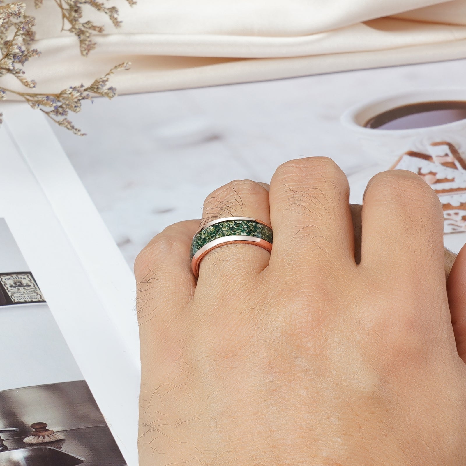 Gold tungsten moss agate men’s wedding ring