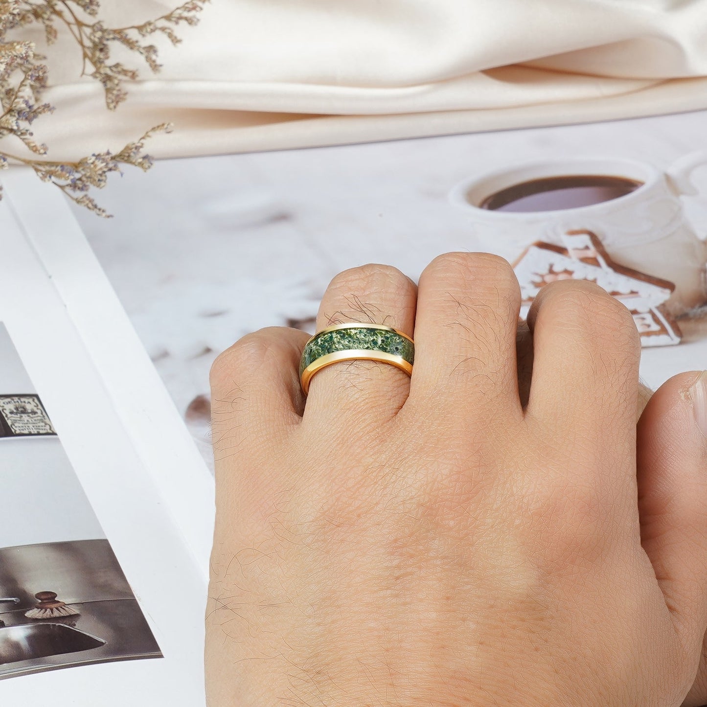 Moss agate ring in rose gold tungsten for men