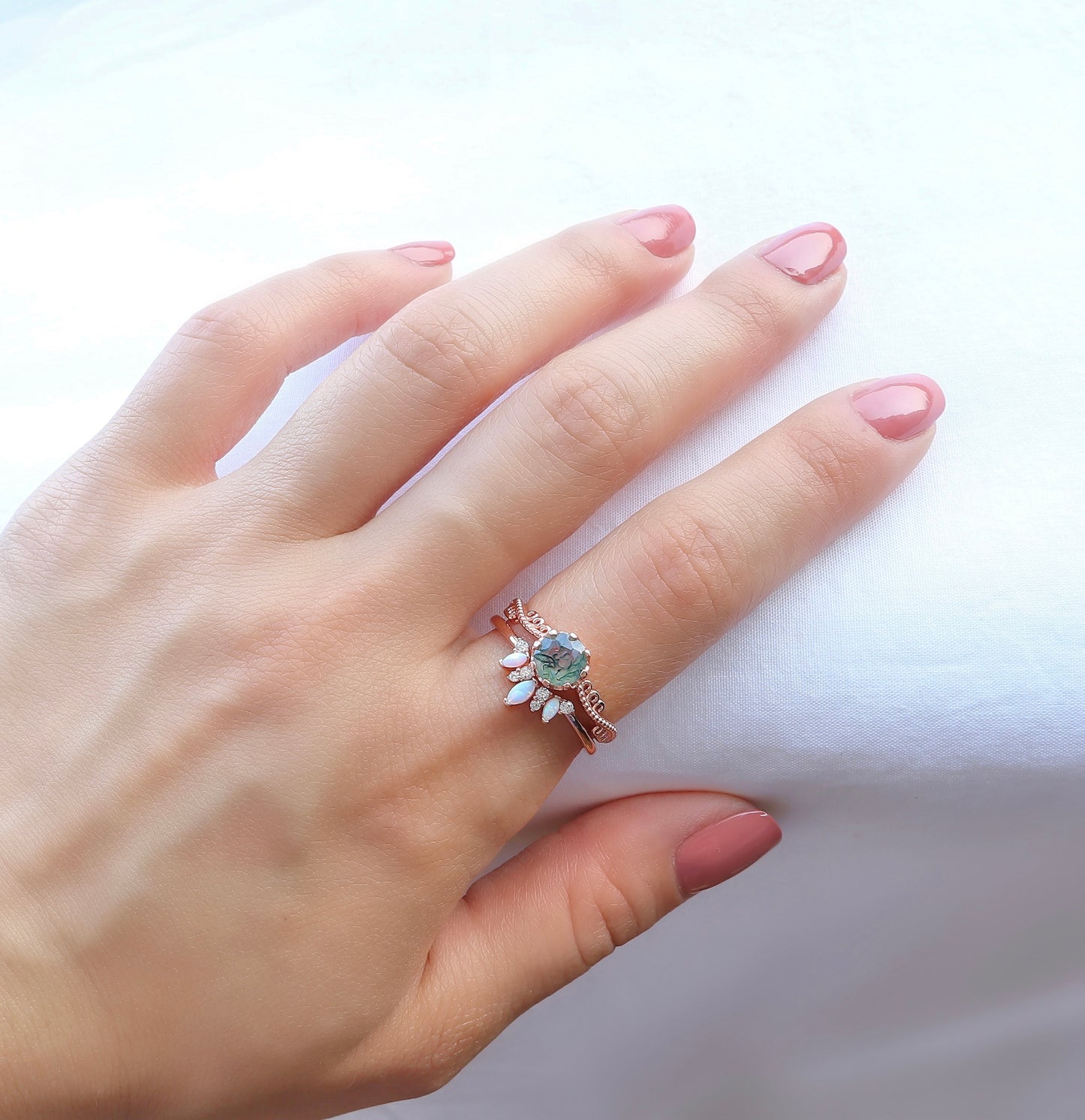 Morgana Moss Agate Quartz and Opal Ring Set Rose Gold