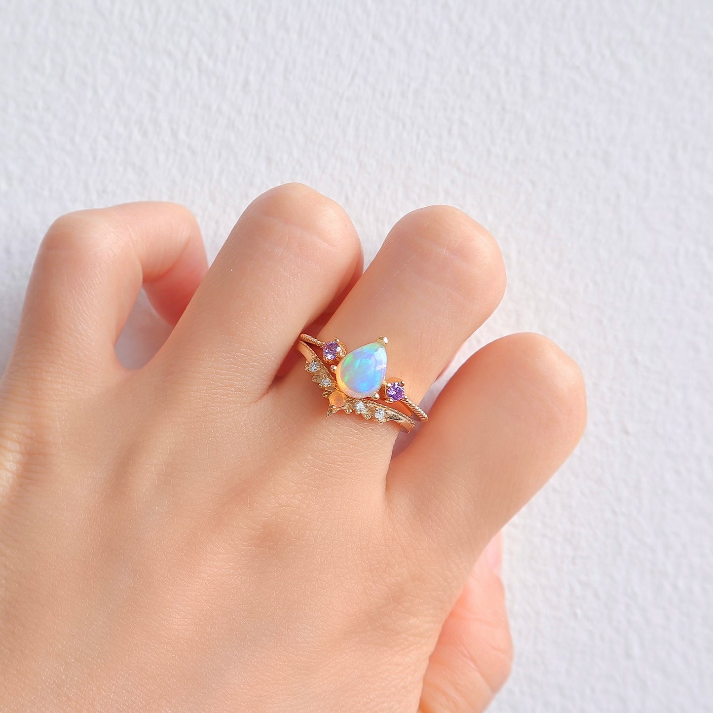 Opal and Amethyst Ring Set in Rose Gold with Sterling Silver