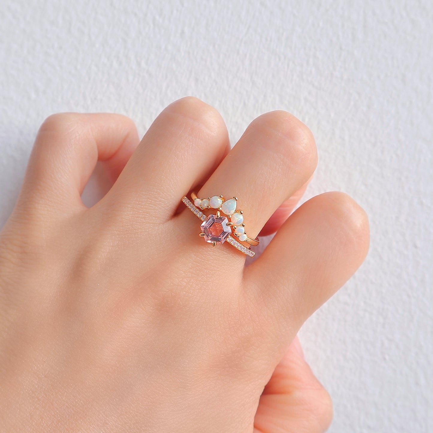 Emma Morganite & Opal Ring Set in sterling silver.