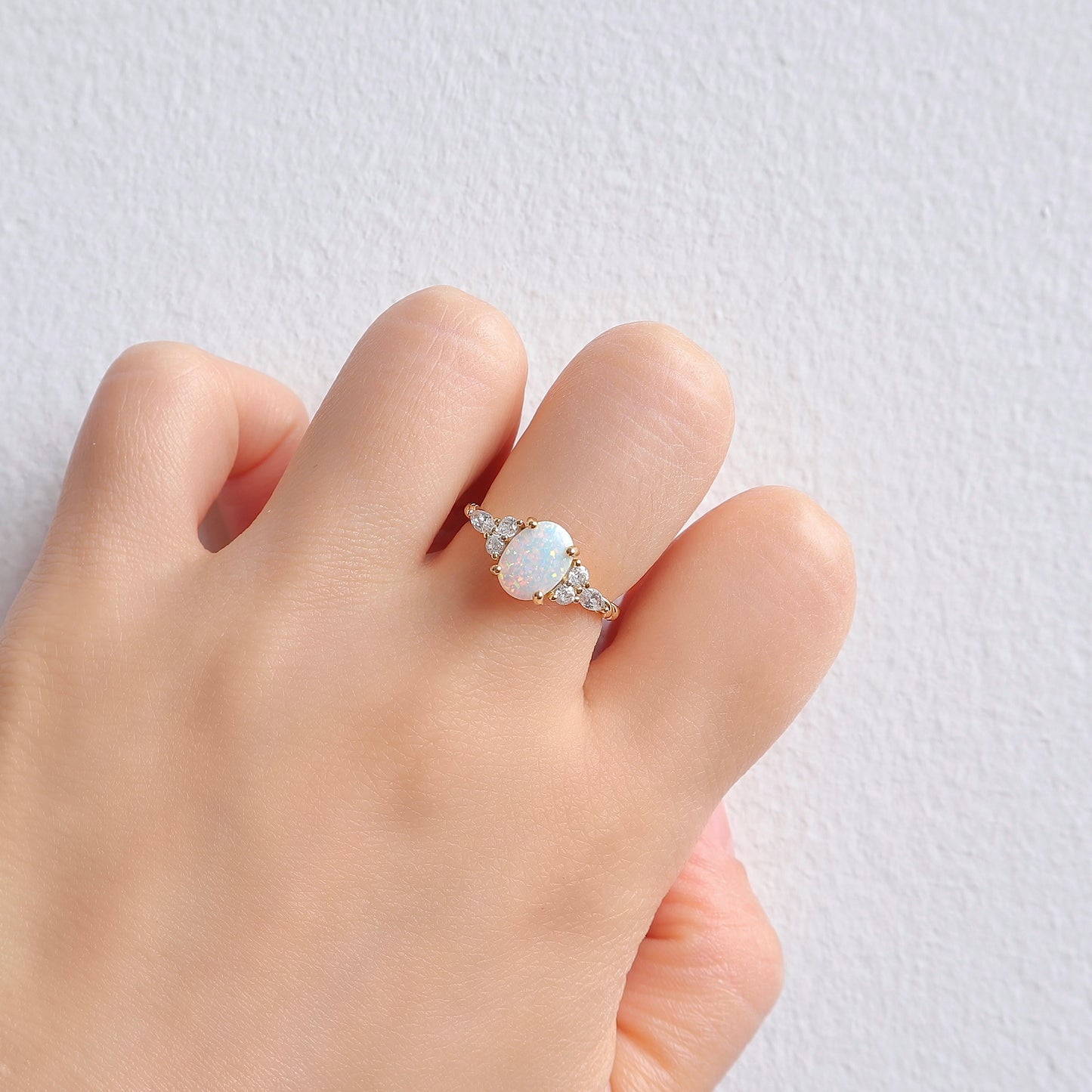 Gold Opal Ring with color-changing opal and crystal accents