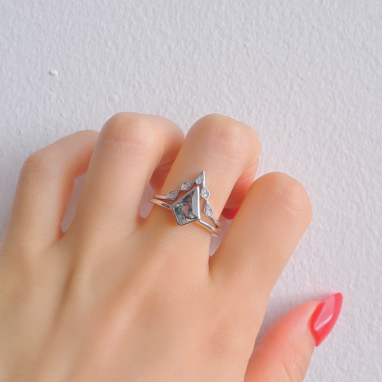 Merci Moss Agate Quartz Ring Set Rose Gold