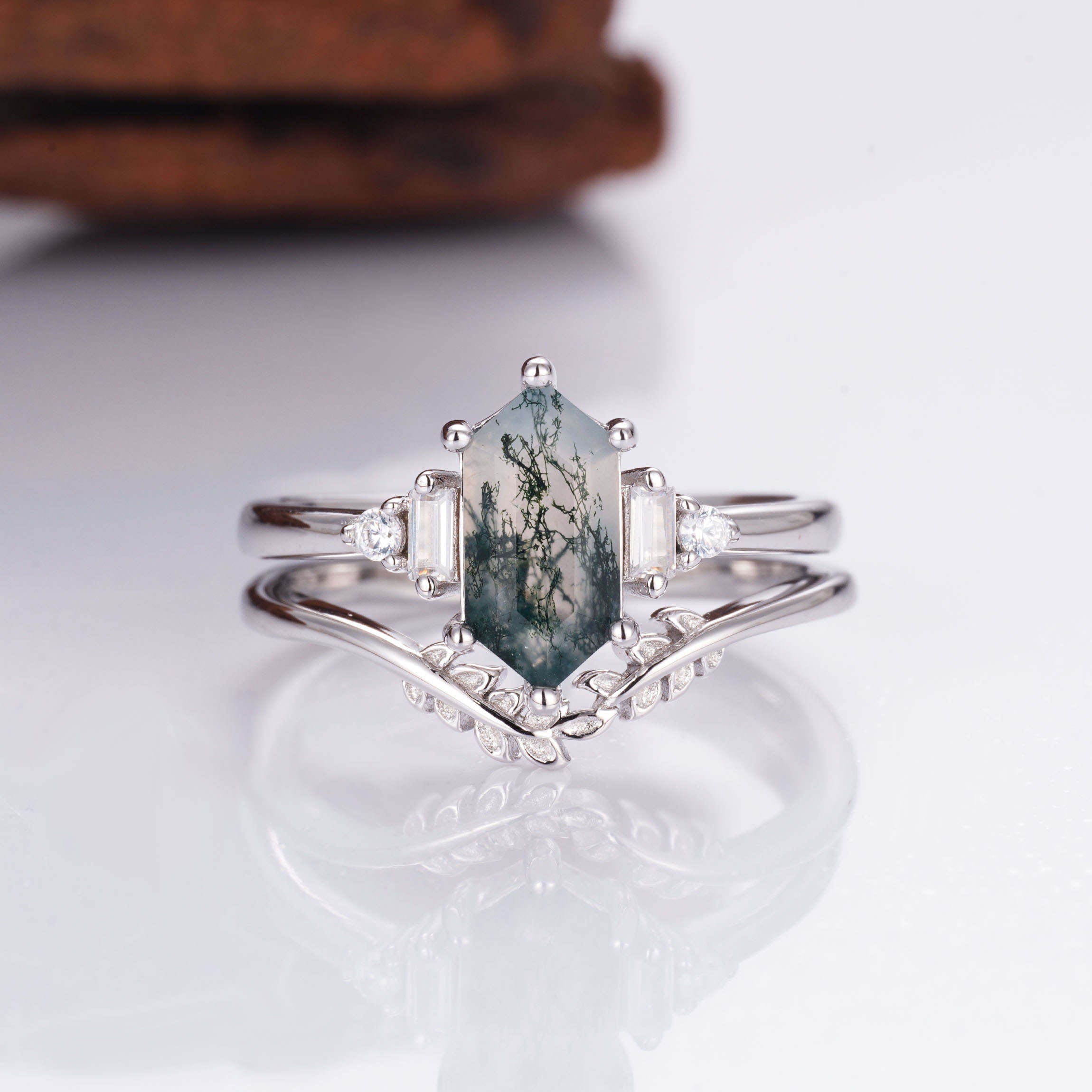 Desi Moss Agate Quartz Leaf Ring Set Sterling Silver